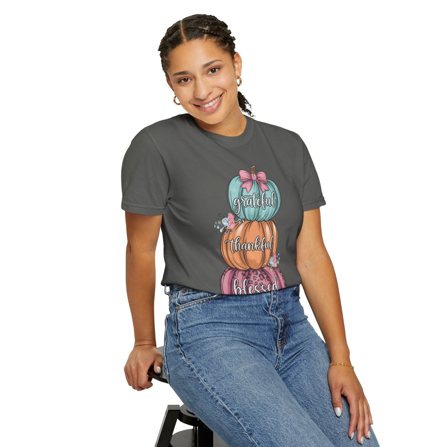 T-Shirt Grateful, Thankful, Blessed Stacked Pumpkins Unisex Garment-Dyed, Comfort Colors