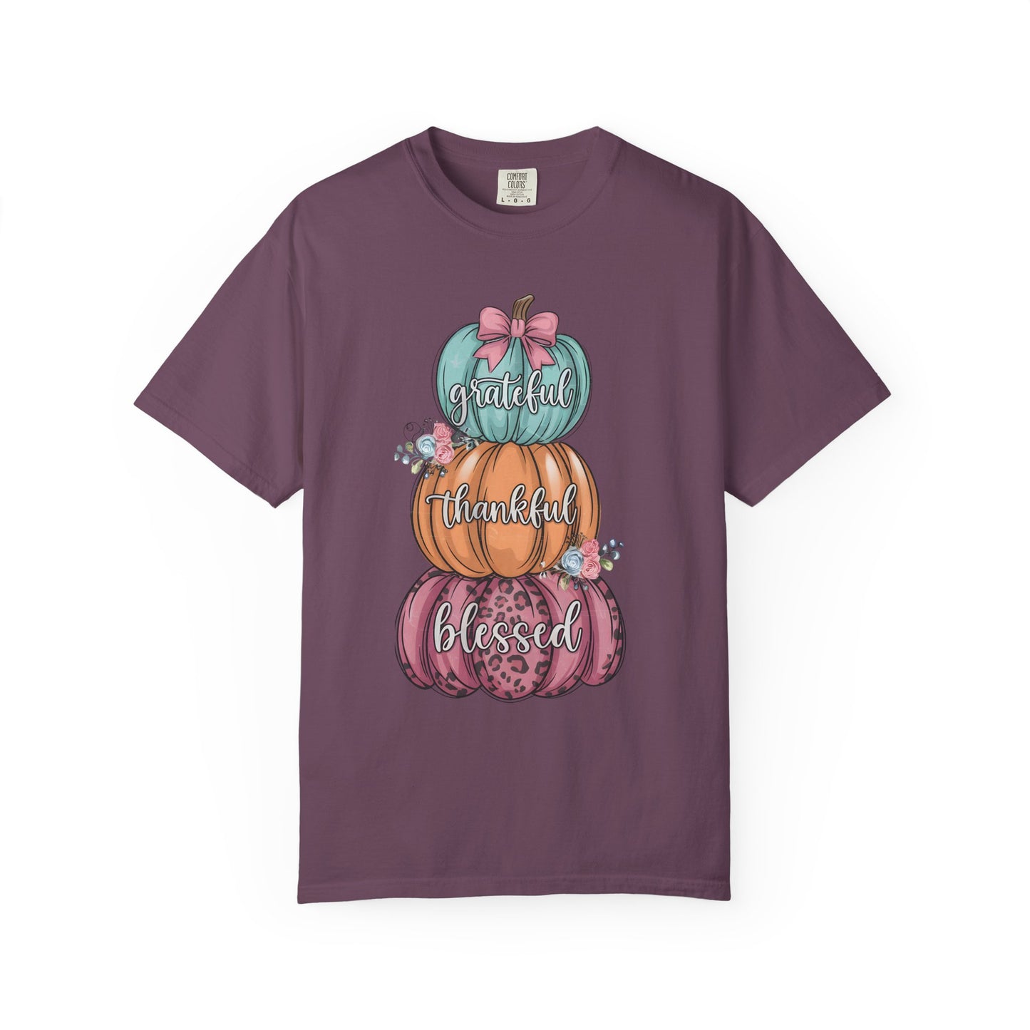 T-Shirt Grateful, Thankful, Blessed Stacked Pumpkins Unisex Garment-Dyed, Comfort Colors
