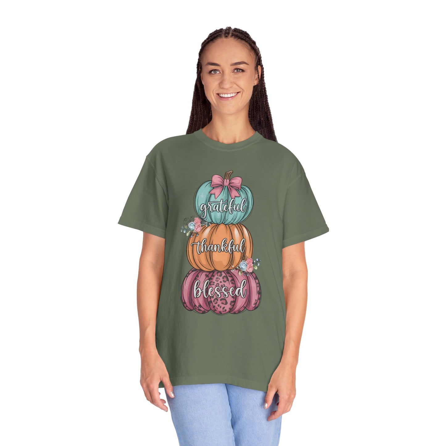 T-Shirt Grateful, Thankful, Blessed Stacked Pumpkins Unisex Garment-Dyed, Comfort Colors