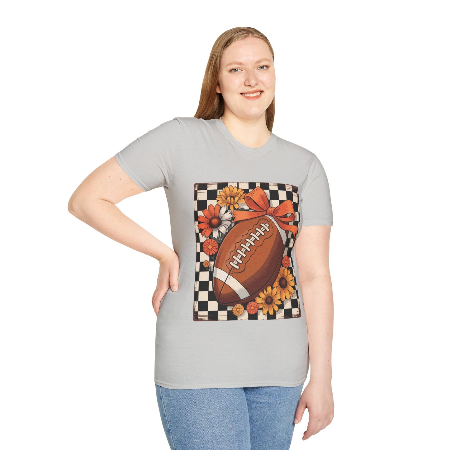 Football Autumn Unisex T-Shirt with Checkered Background and Fall Flowers