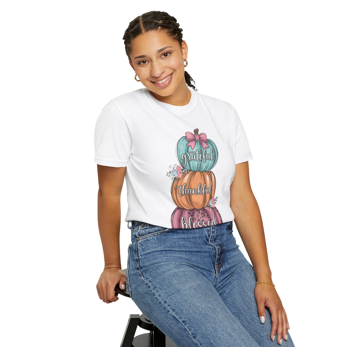 T-Shirt Grateful, Thankful, Blessed Stacked Pumpkins Unisex Garment-Dyed, Comfort Colors