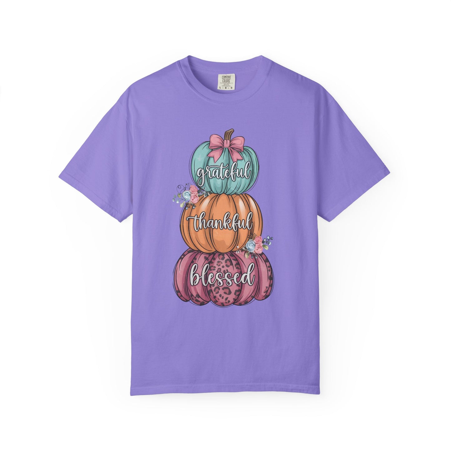 T-Shirt Grateful, Thankful, Blessed Stacked Pumpkins Unisex Garment-Dyed, Comfort Colors
