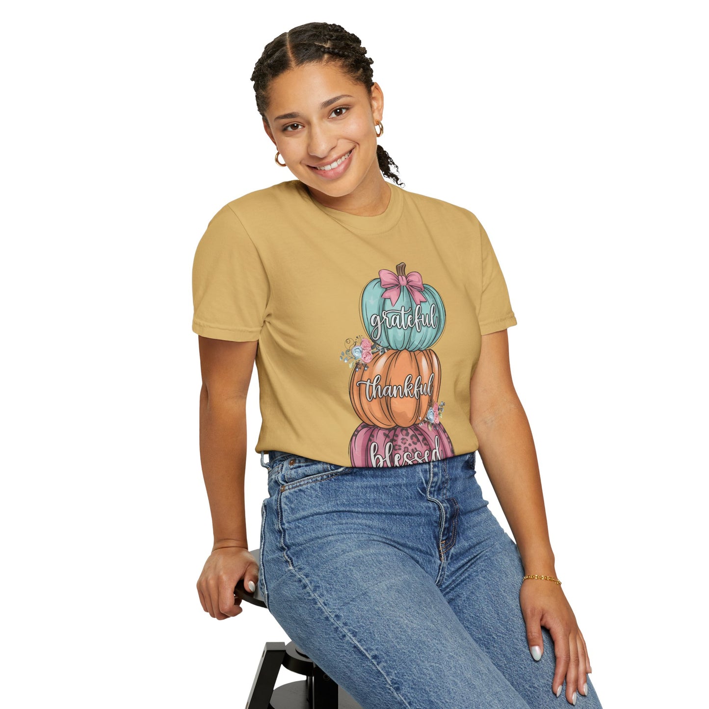 T-Shirt Grateful, Thankful, Blessed Stacked Pumpkins Unisex Garment-Dyed, Comfort Colors