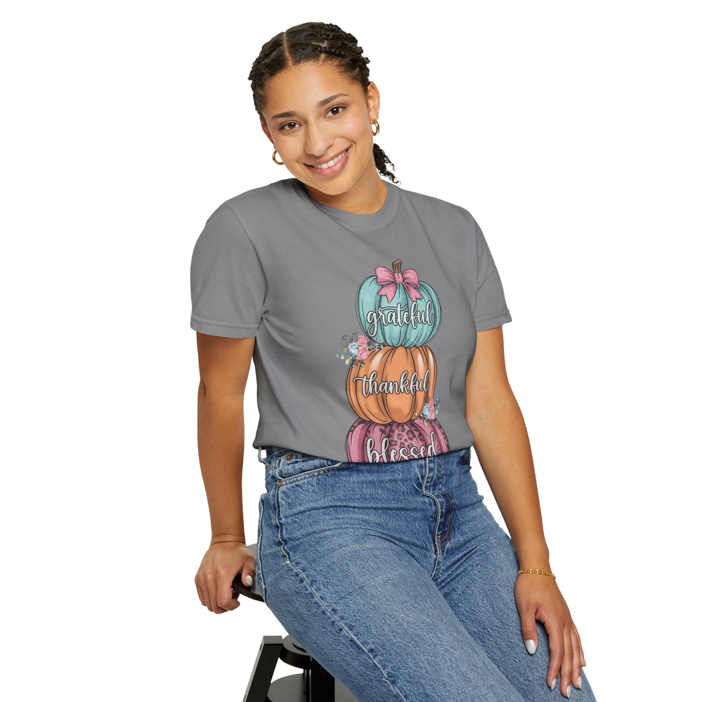 T-Shirt Grateful, Thankful, Blessed Stacked Pumpkins Unisex Garment-Dyed, Comfort Colors