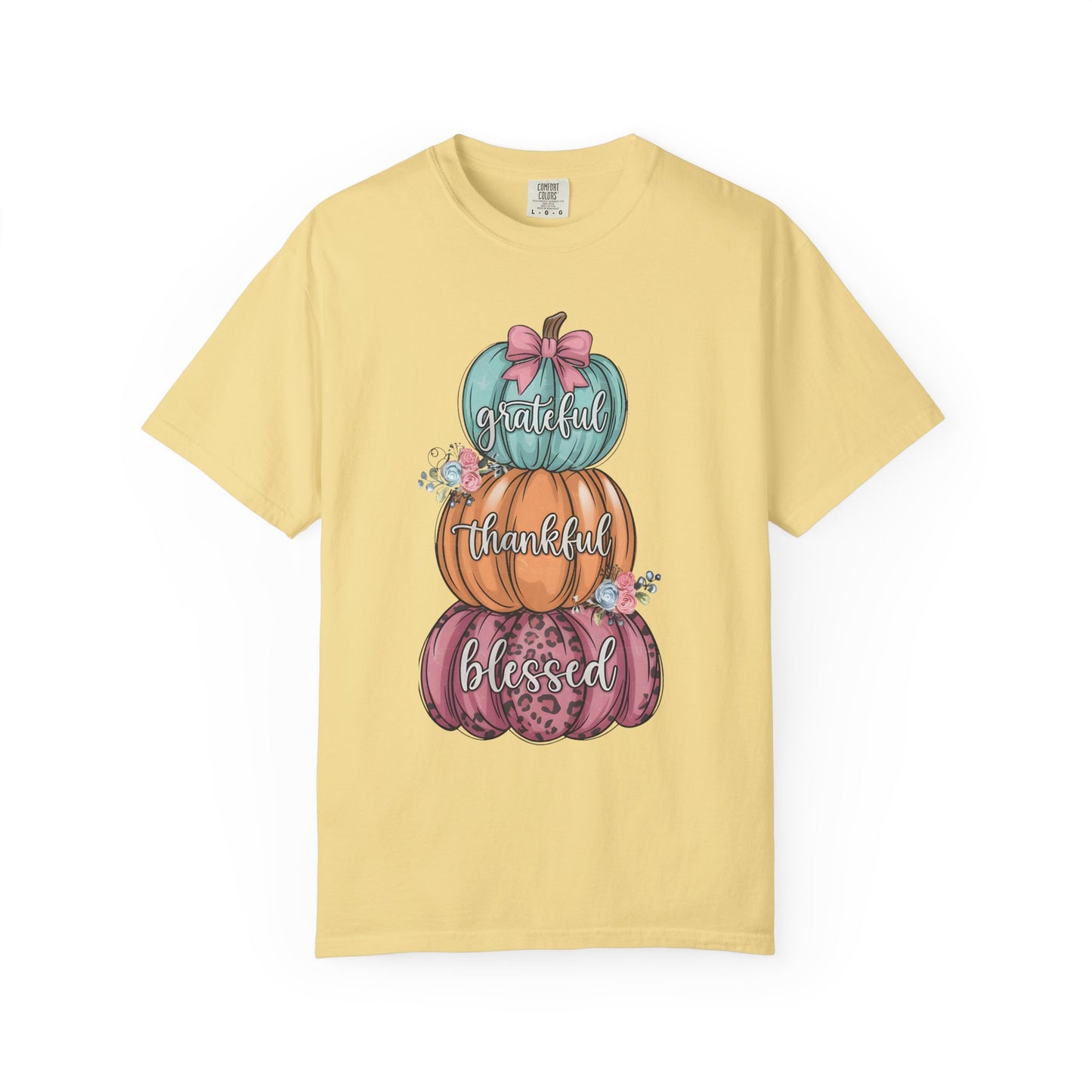 T-Shirt Grateful, Thankful, Blessed Stacked Pumpkins Unisex Garment-Dyed, Comfort Colors