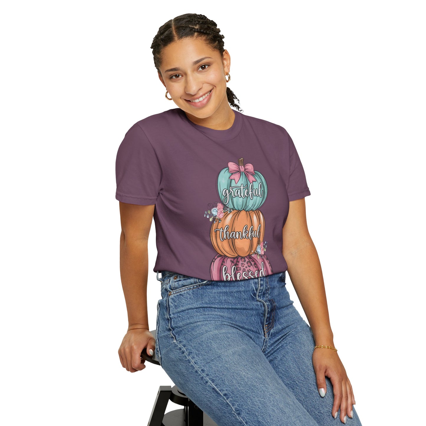 T-Shirt Grateful, Thankful, Blessed Stacked Pumpkins Unisex Garment-Dyed, Comfort Colors