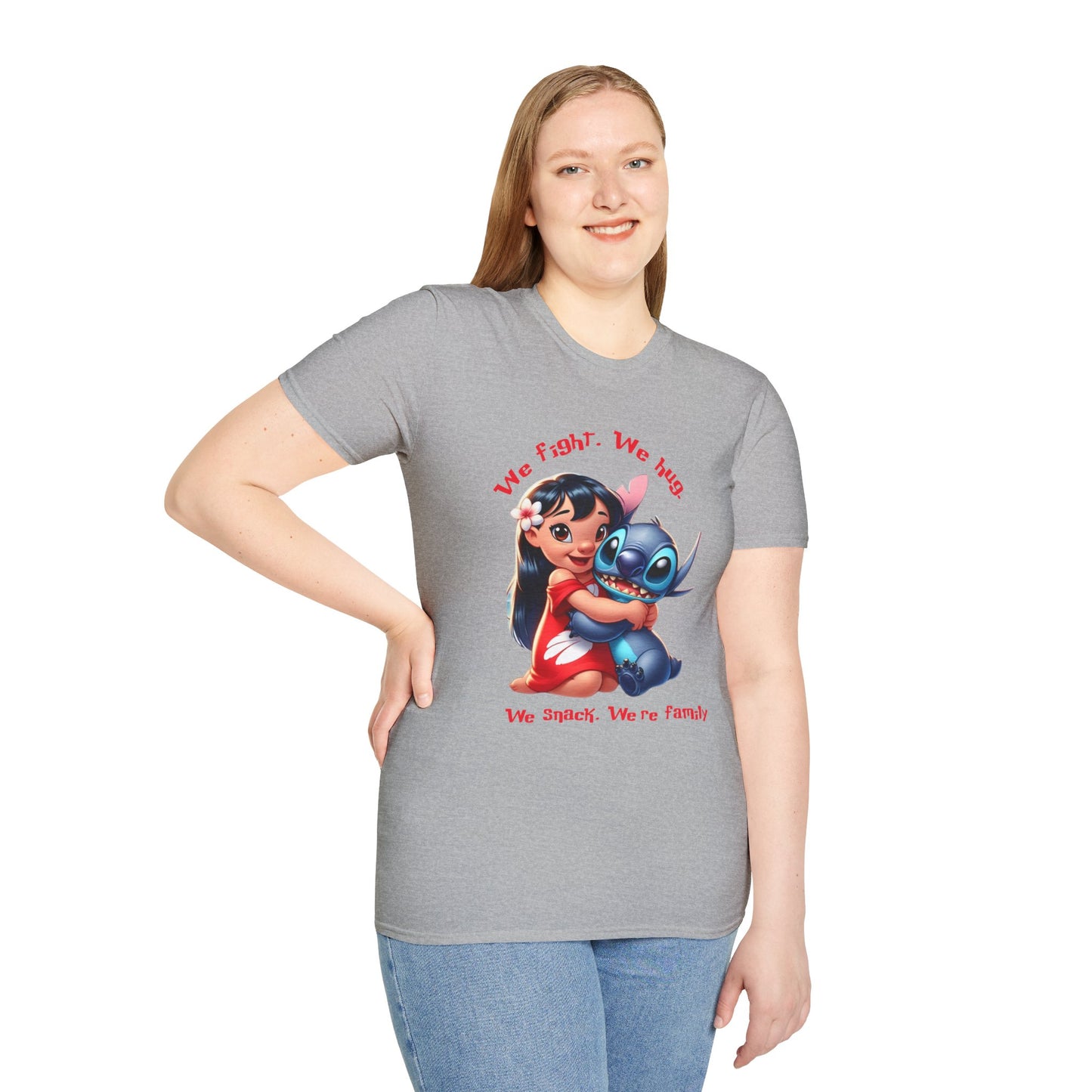 Unisex Tee - Lilo & Stitch 'We Fight, We Hug, We Snack, We're family'