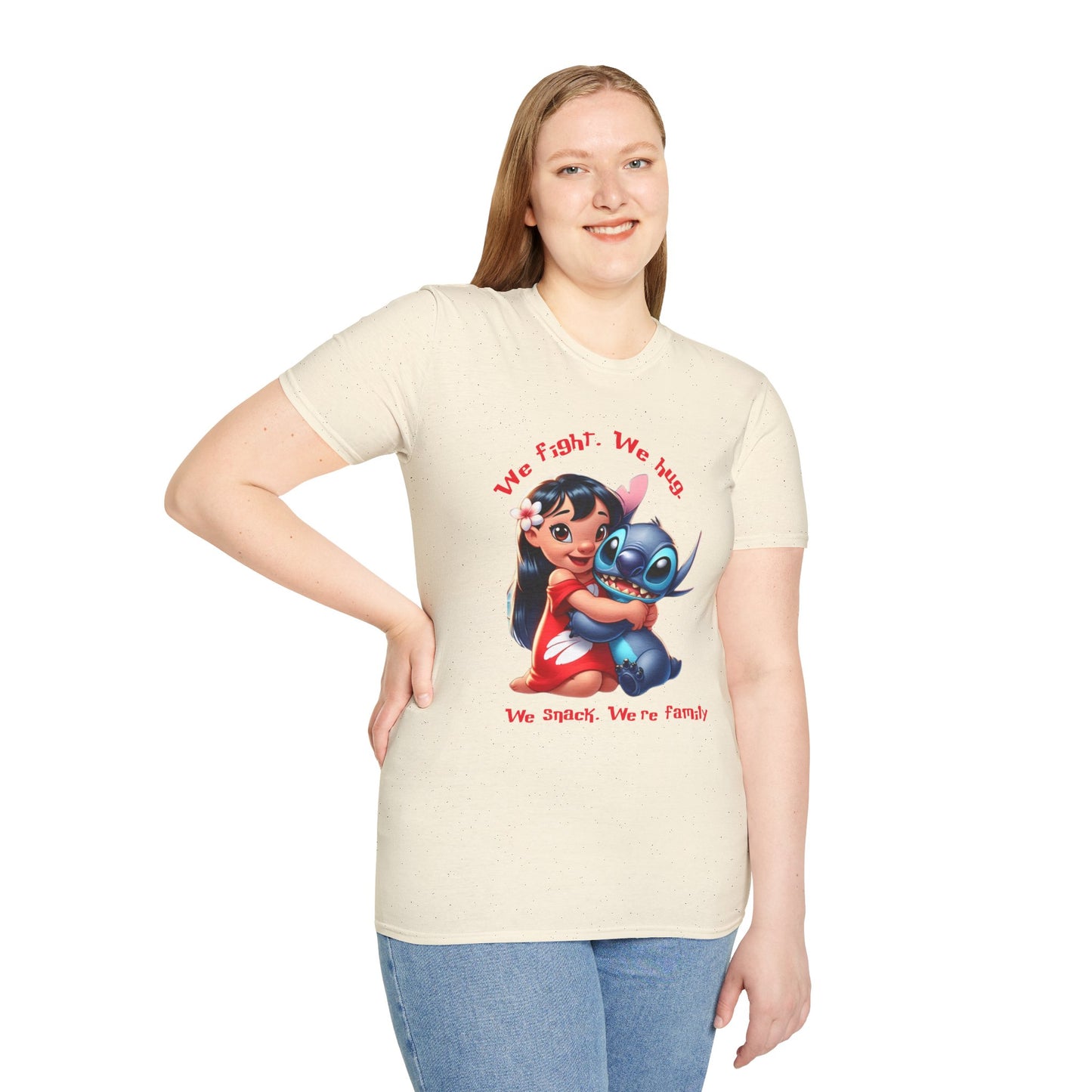Unisex Tee - Lilo & Stitch 'We Fight, We Hug, We Snack, We're family'