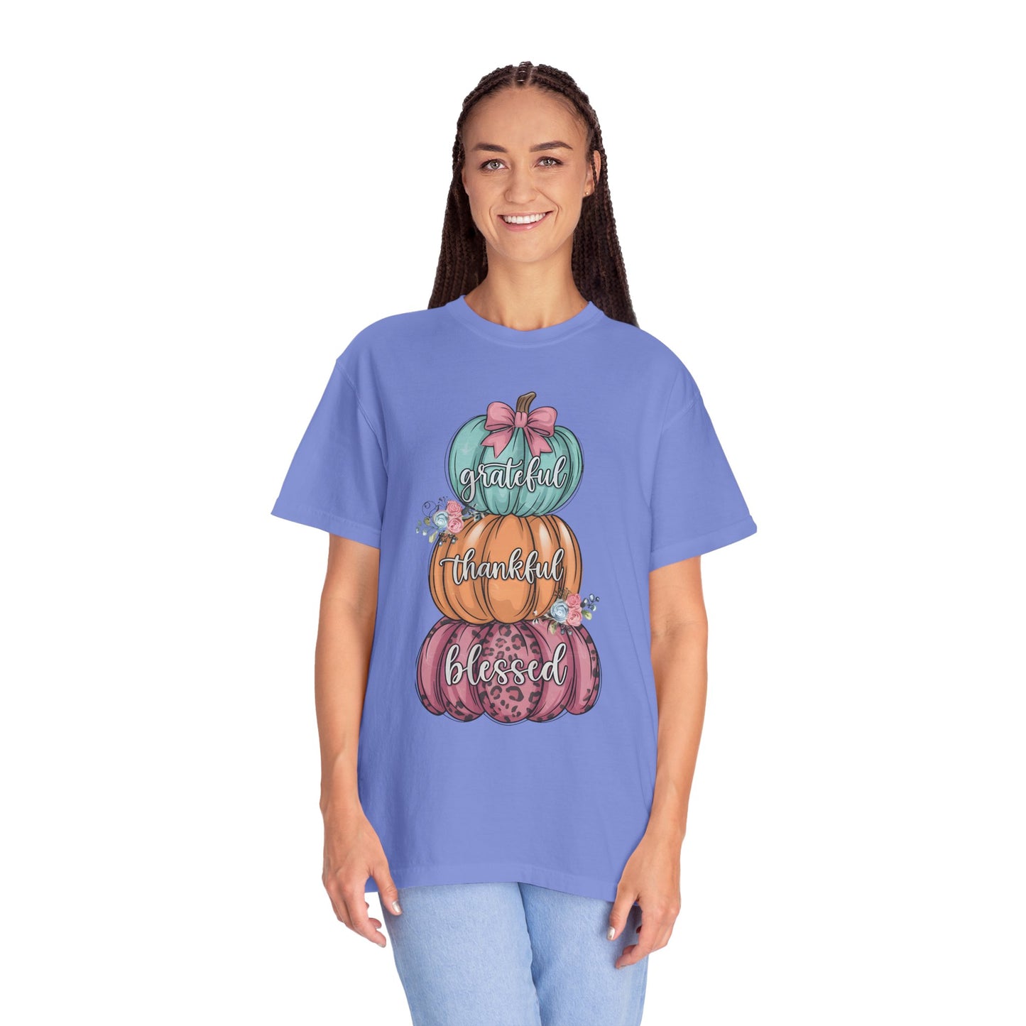 T-Shirt Grateful, Thankful, Blessed Stacked Pumpkins Unisex Garment-Dyed, Comfort Colors