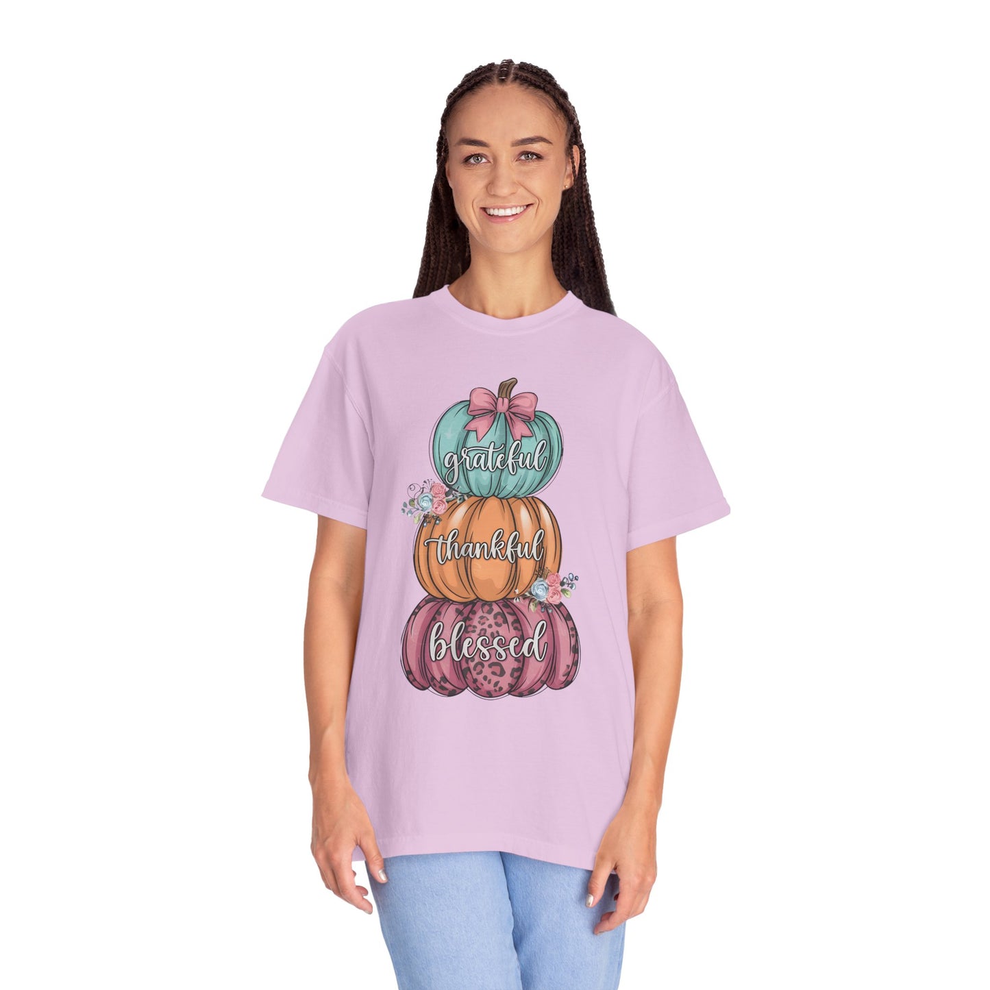 T-Shirt Grateful, Thankful, Blessed Stacked Pumpkins Unisex Garment-Dyed, Comfort Colors
