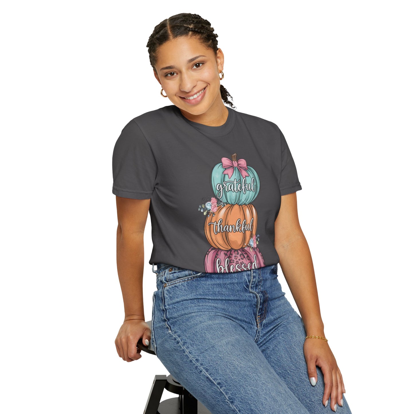 T-Shirt Grateful, Thankful, Blessed Stacked Pumpkins Unisex Garment-Dyed, Comfort Colors