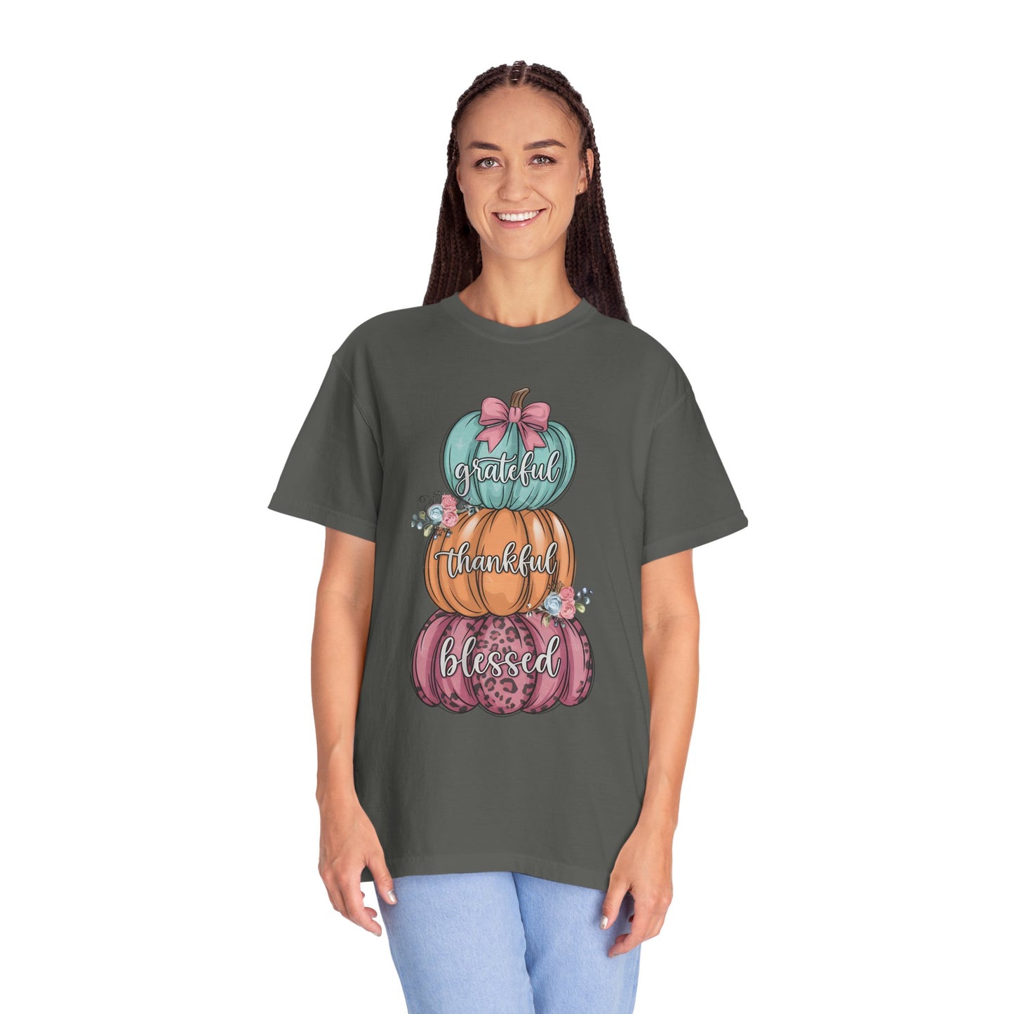 T-Shirt Grateful, Thankful, Blessed Stacked Pumpkins Unisex Garment-Dyed, Comfort Colors