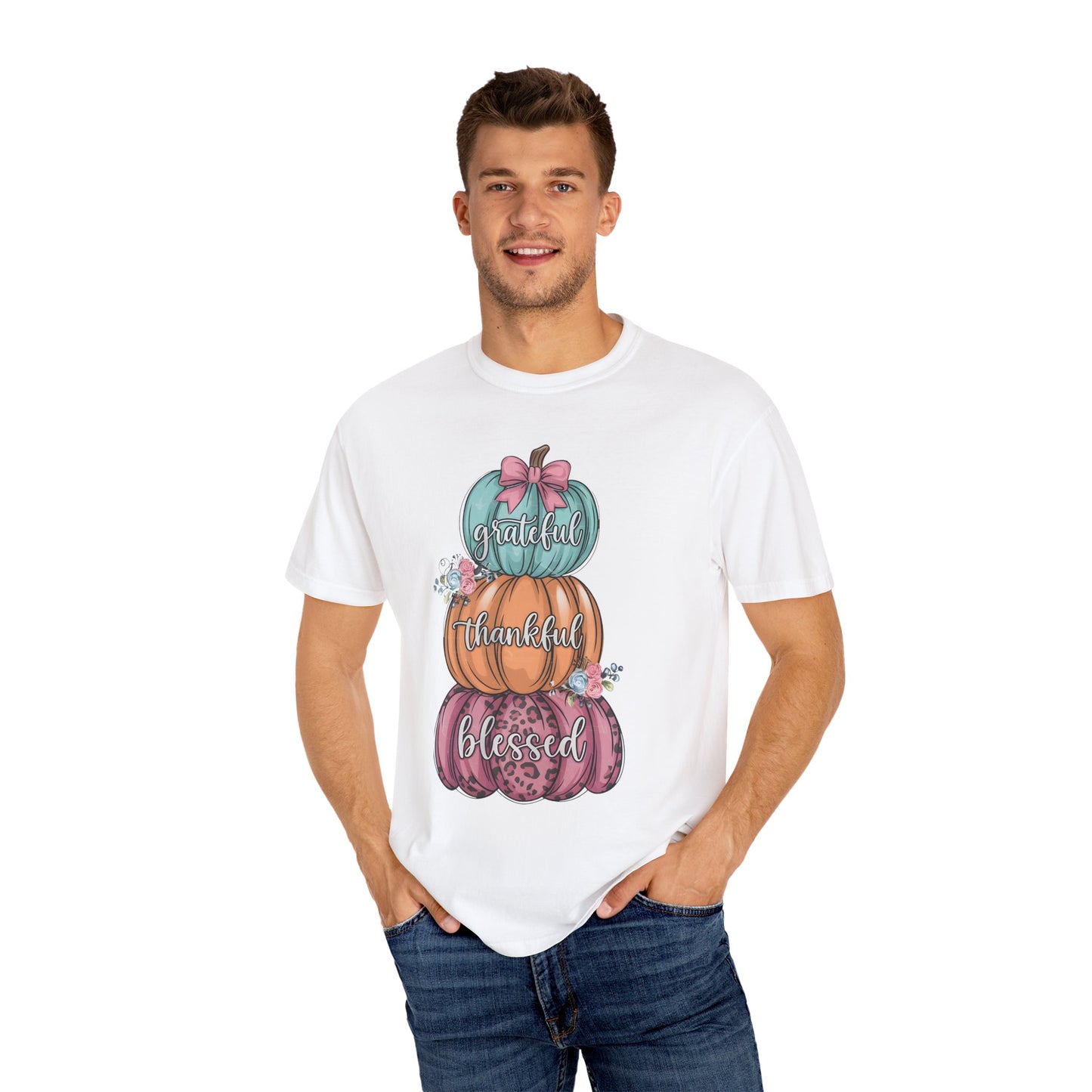 T-Shirt Grateful, Thankful, Blessed Stacked Pumpkins Unisex Garment-Dyed, Comfort Colors