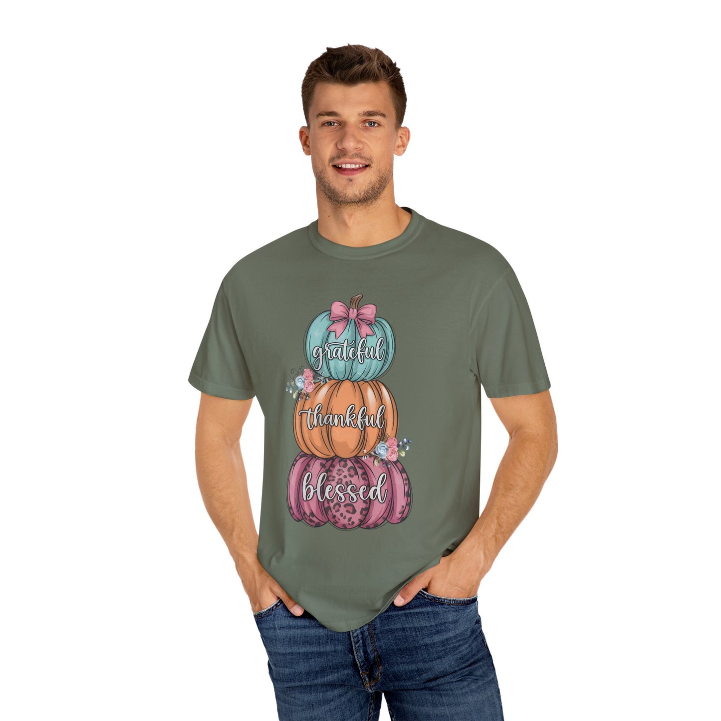 T-Shirt Grateful, Thankful, Blessed Stacked Pumpkins Unisex Garment-Dyed, Comfort Colors