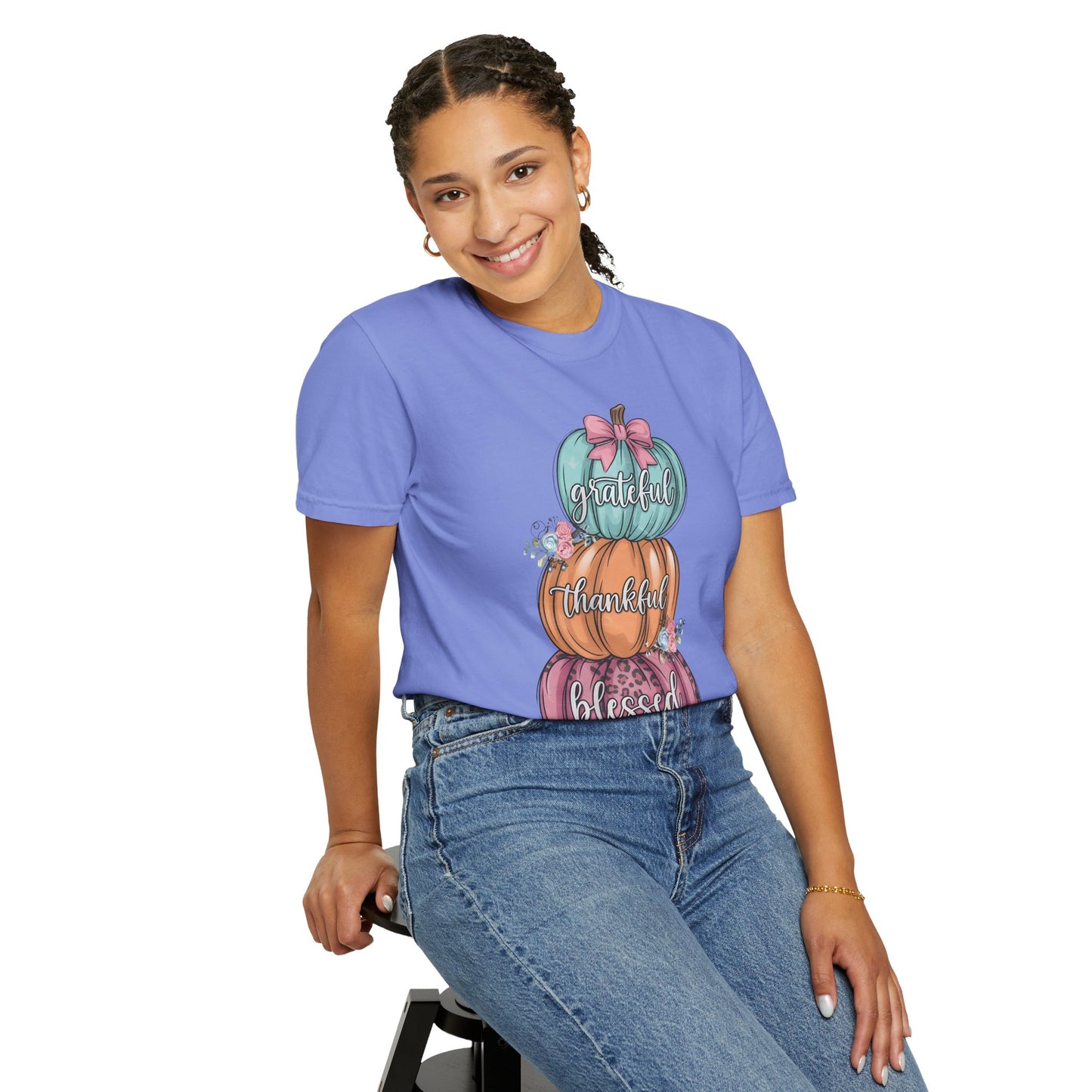 T-Shirt Grateful, Thankful, Blessed Stacked Pumpkins Unisex Garment-Dyed, Comfort Colors
