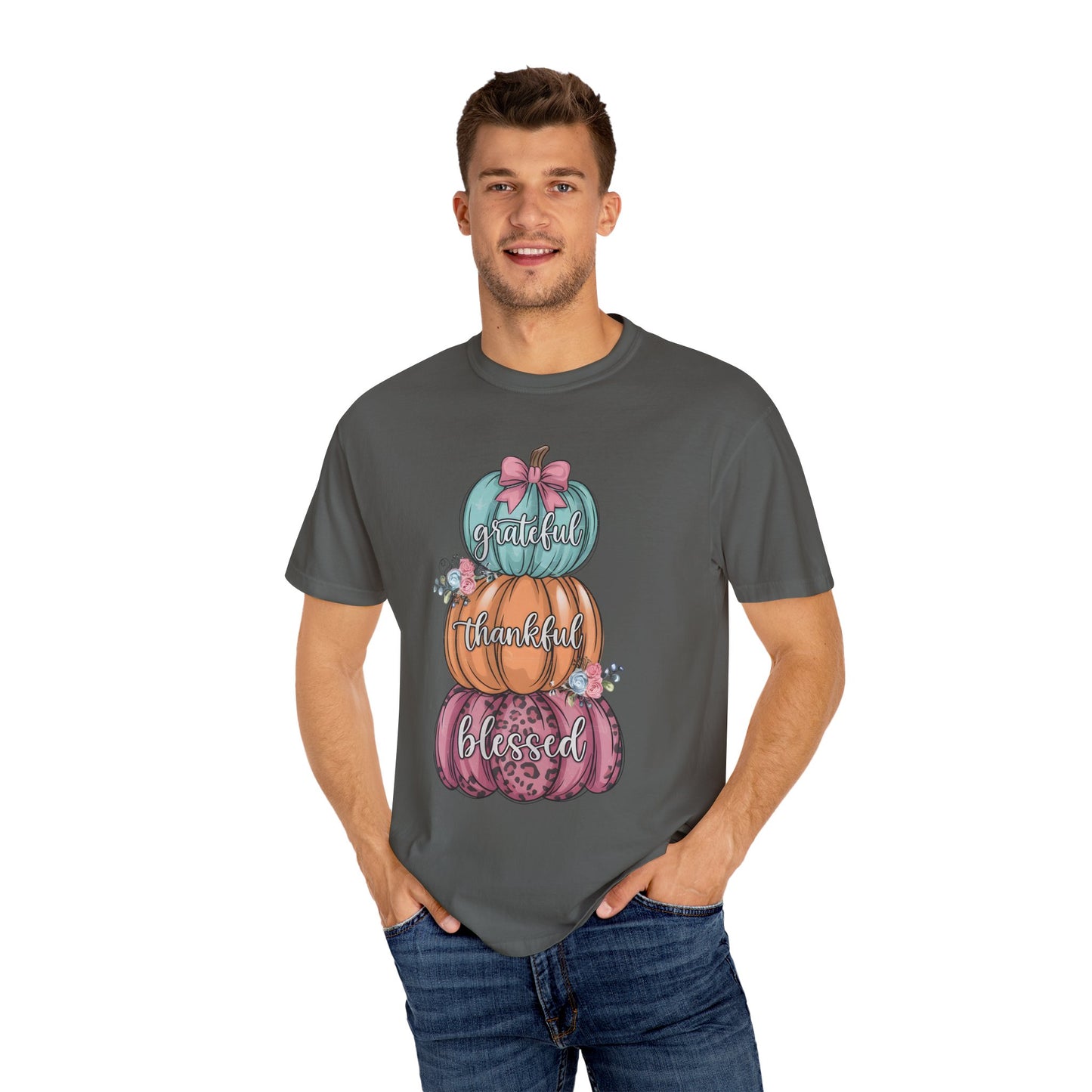 T-Shirt Grateful, Thankful, Blessed Stacked Pumpkins Unisex Garment-Dyed, Comfort Colors
