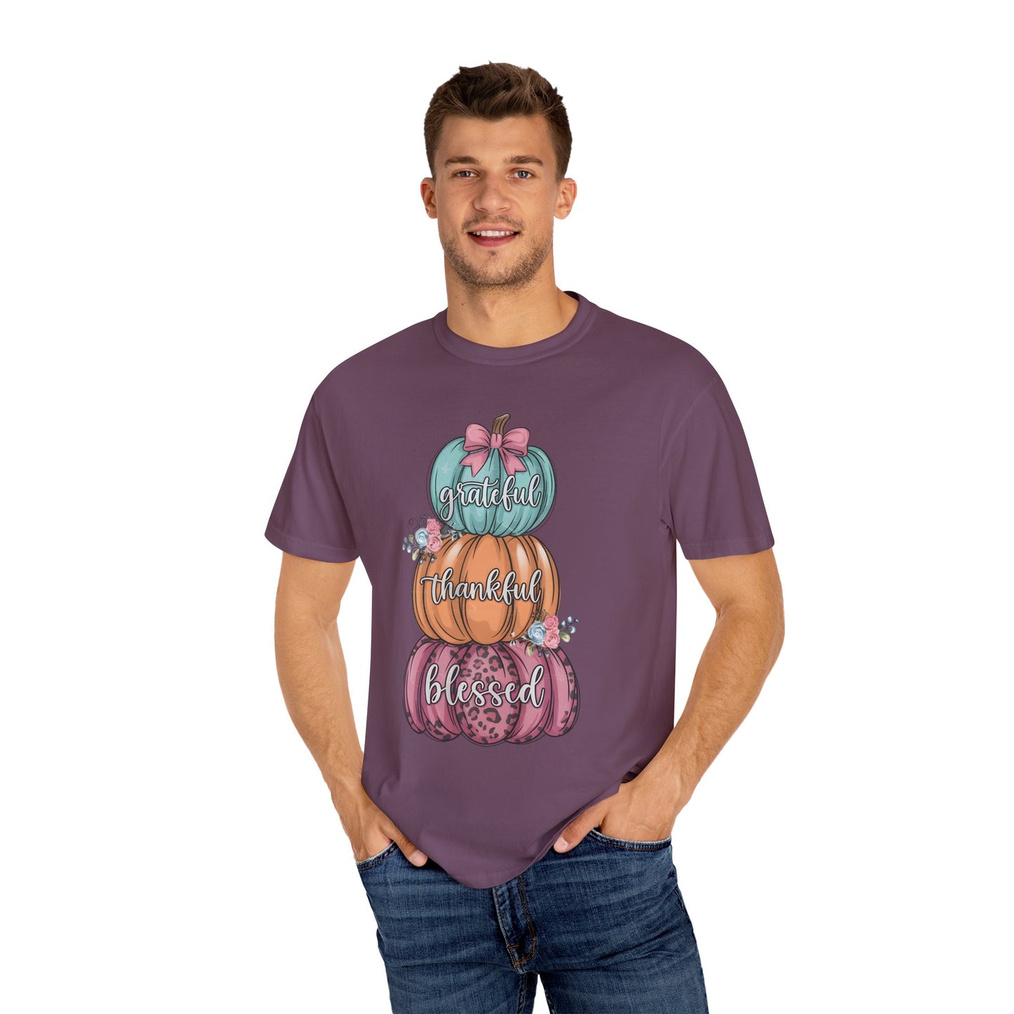 T-Shirt Grateful, Thankful, Blessed Stacked Pumpkins Unisex Garment-Dyed, Comfort Colors