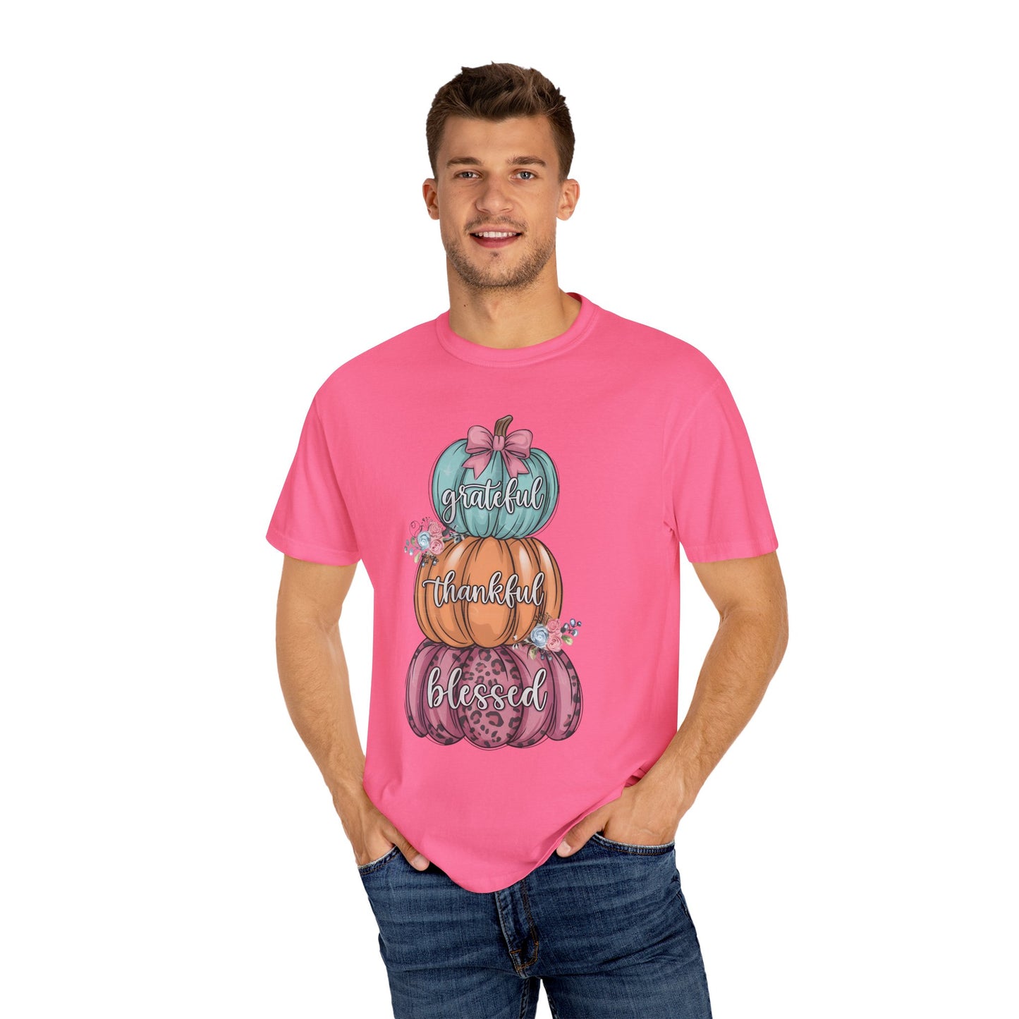 T-Shirt Grateful, Thankful, Blessed Stacked Pumpkins Unisex Garment-Dyed, Comfort Colors