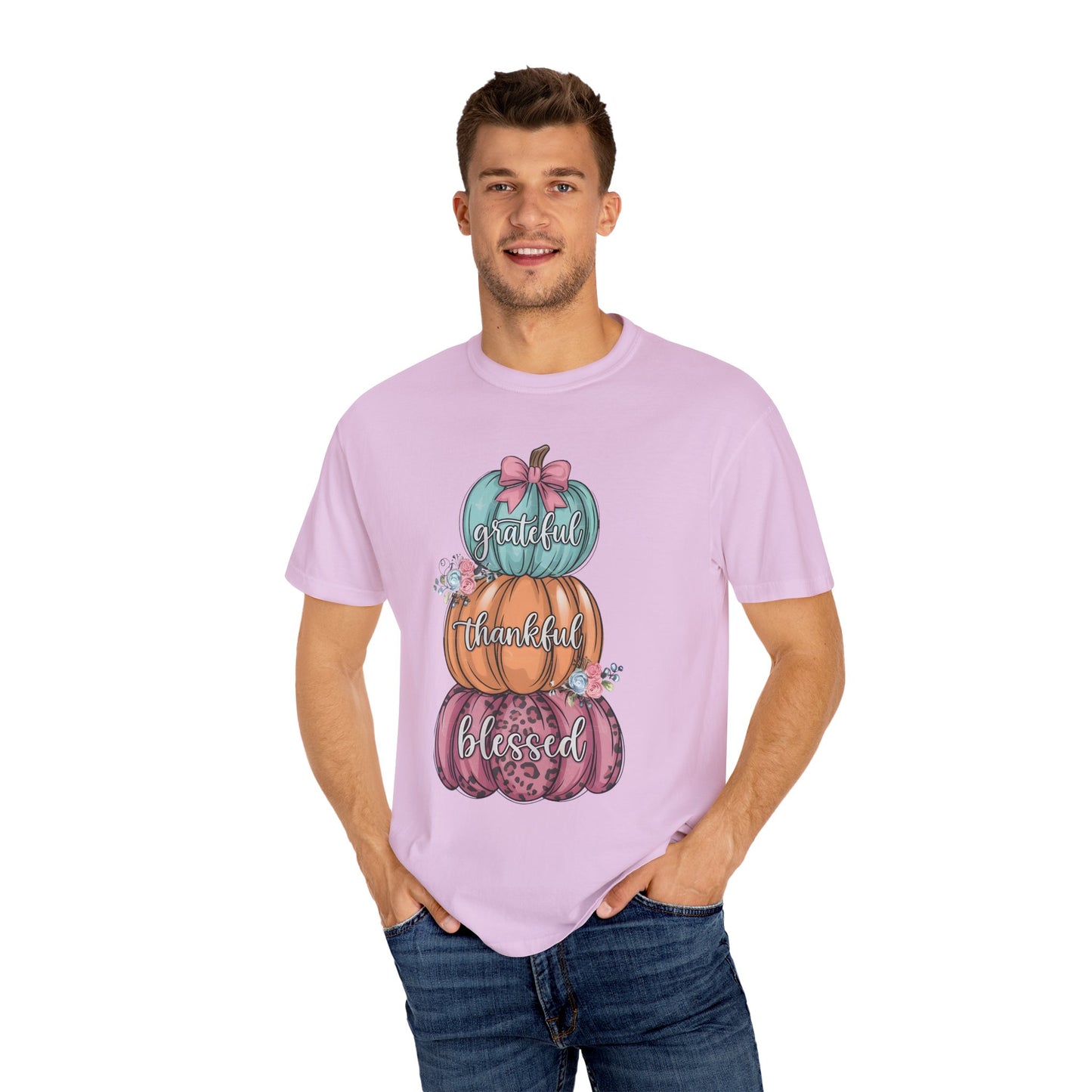 T-Shirt Grateful, Thankful, Blessed Stacked Pumpkins Unisex Garment-Dyed, Comfort Colors