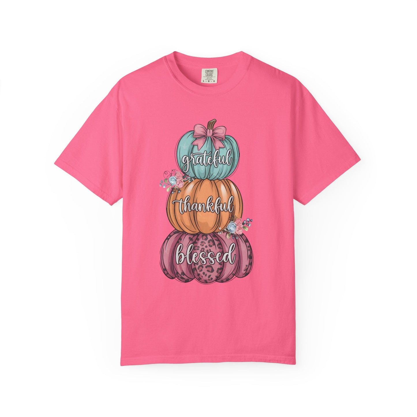 T-Shirt Grateful, Thankful, Blessed Stacked Pumpkins Unisex Garment-Dyed, Comfort Colors