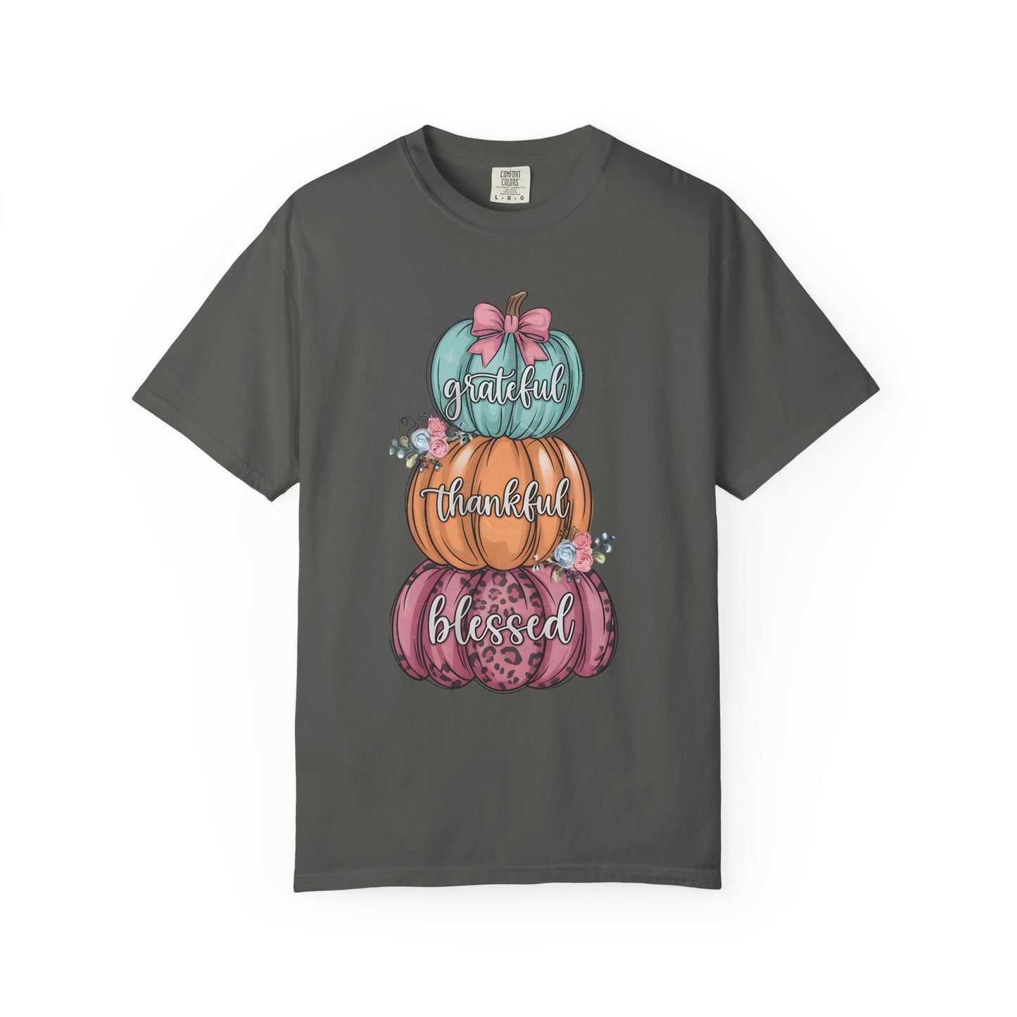 T-Shirt Grateful, Thankful, Blessed Stacked Pumpkins Unisex Garment-Dyed, Comfort Colors