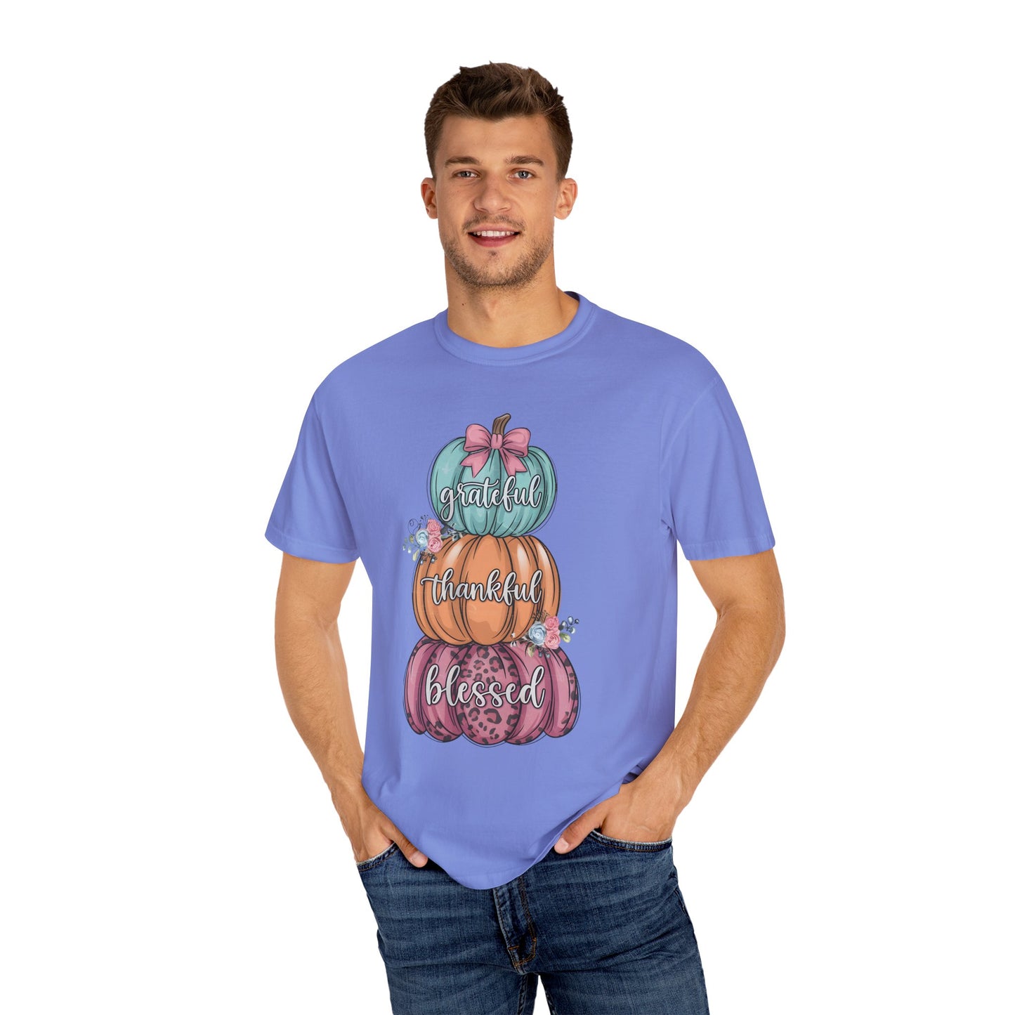 T-Shirt Grateful, Thankful, Blessed Stacked Pumpkins Unisex Garment-Dyed, Comfort Colors