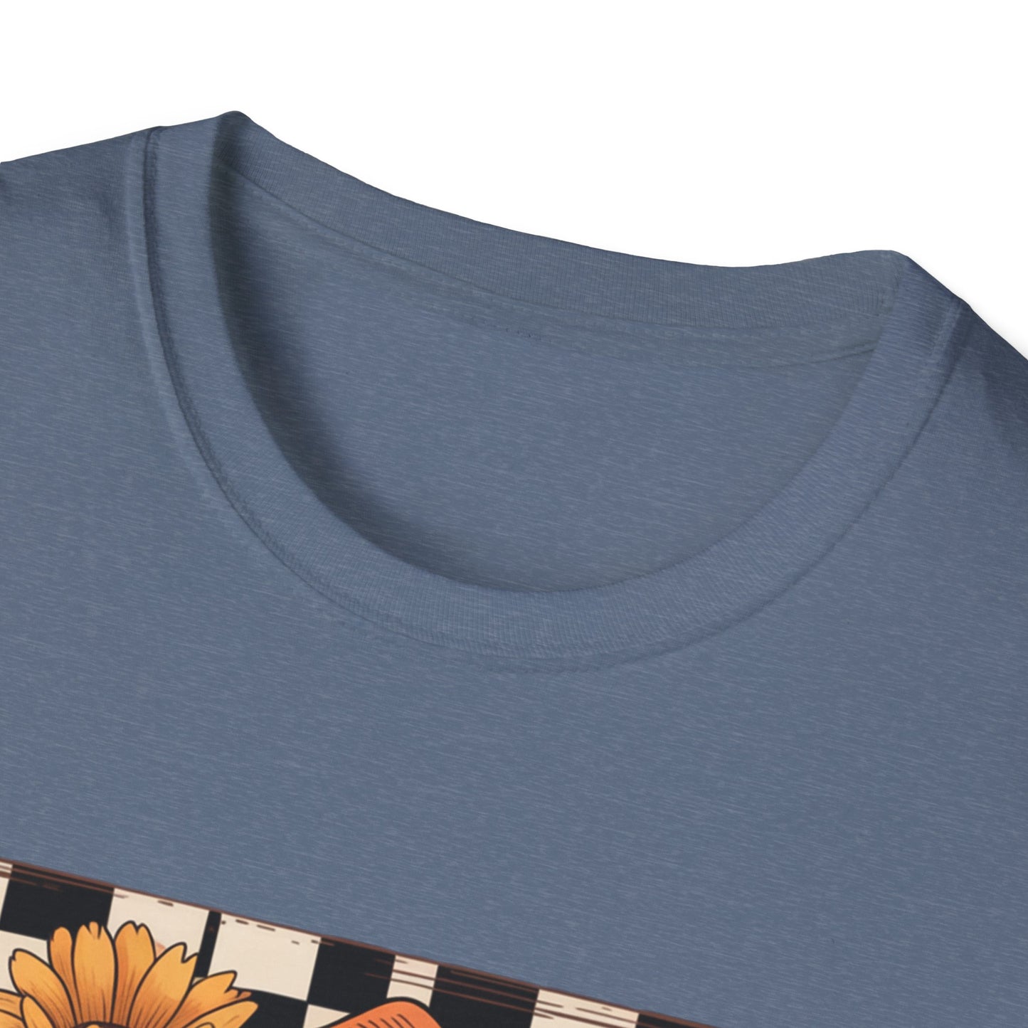 Football Autumn Unisex T-Shirt with Checkered Background and Fall Flowers