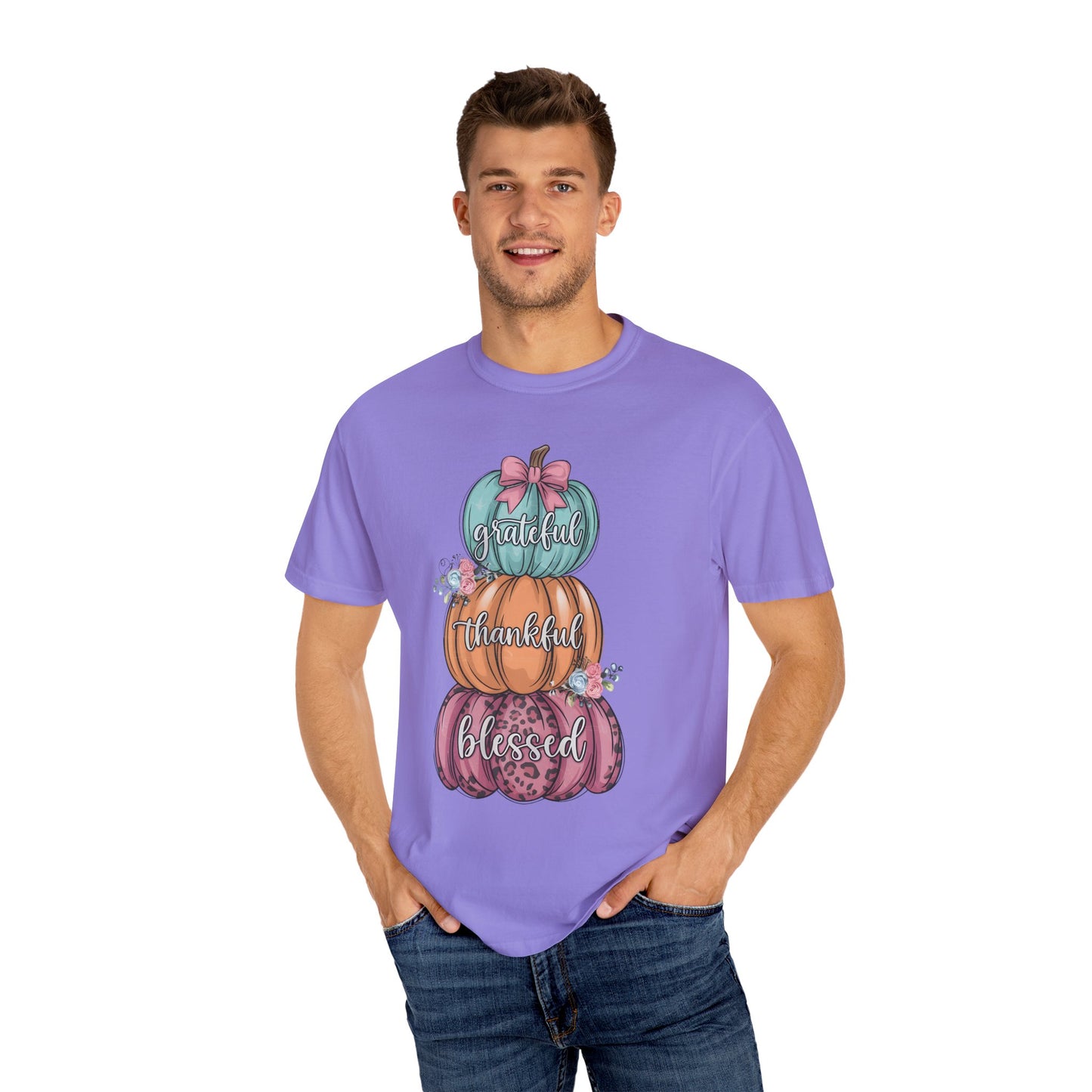 T-Shirt Grateful, Thankful, Blessed Stacked Pumpkins Unisex Garment-Dyed, Comfort Colors