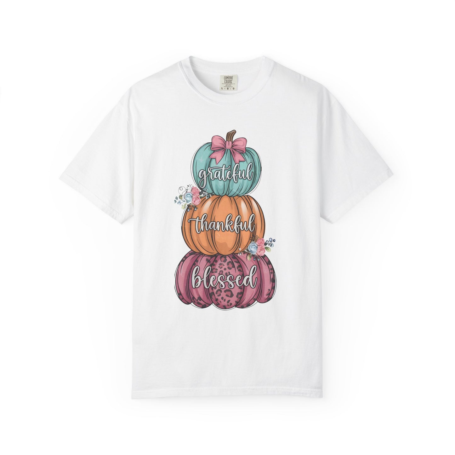 T-Shirt Grateful, Thankful, Blessed Stacked Pumpkins Unisex Garment-Dyed, Comfort Colors