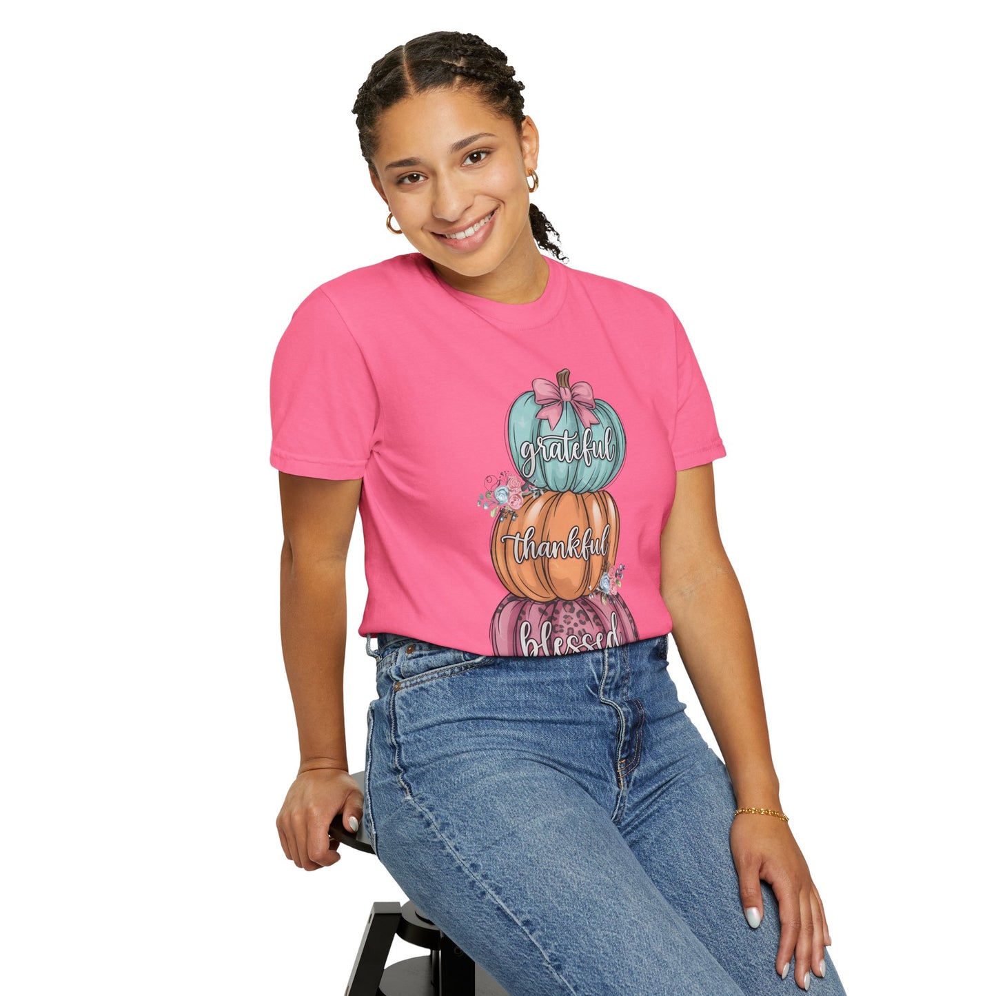 T-Shirt Grateful, Thankful, Blessed Stacked Pumpkins Unisex Garment-Dyed, Comfort Colors