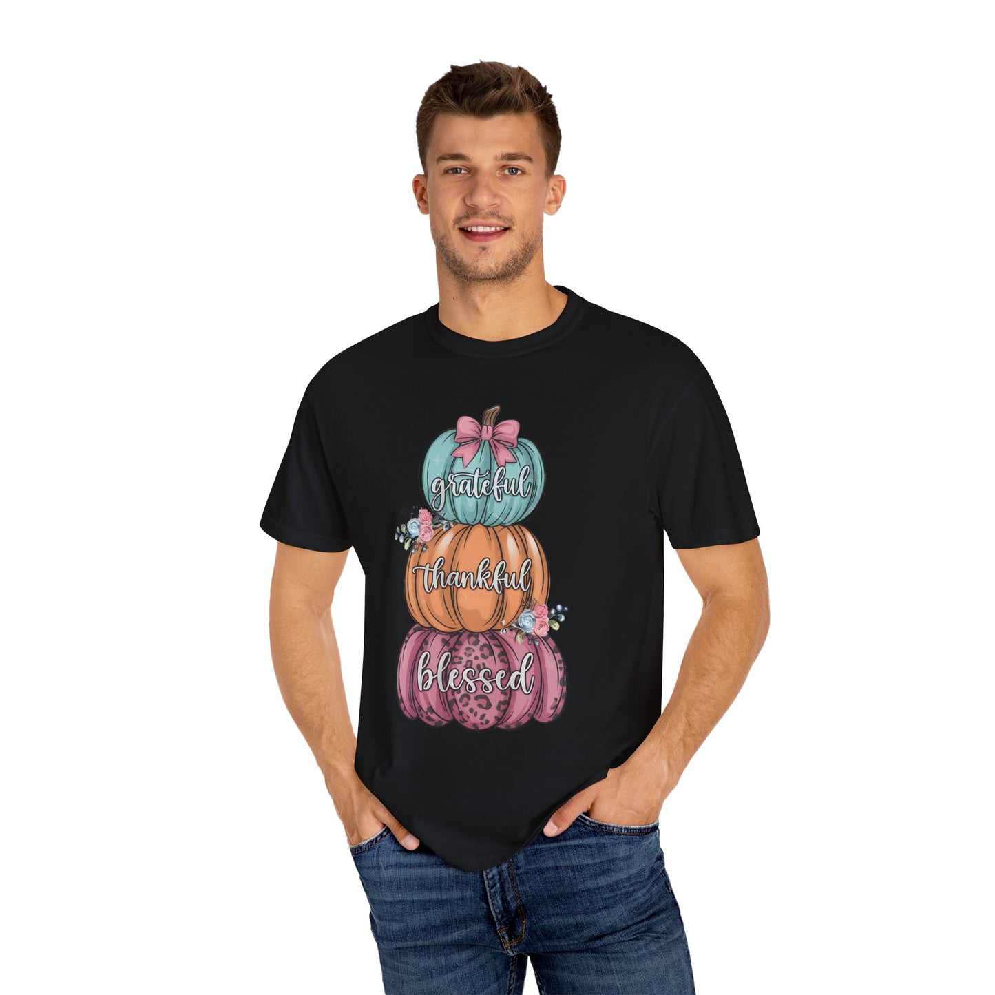 T-Shirt Grateful, Thankful, Blessed Stacked Pumpkins Unisex Garment-Dyed, Comfort Colors
