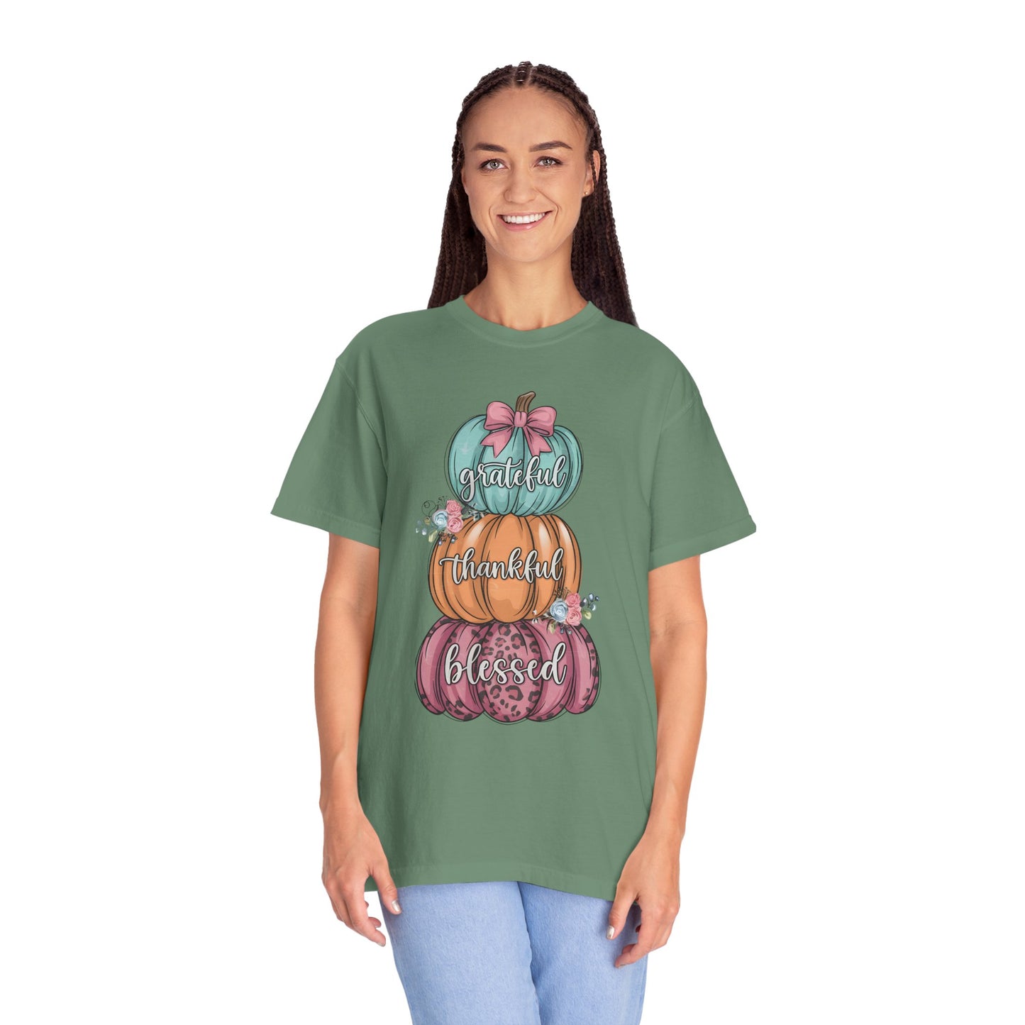 T-Shirt Grateful, Thankful, Blessed Stacked Pumpkins Unisex Garment-Dyed, Comfort Colors