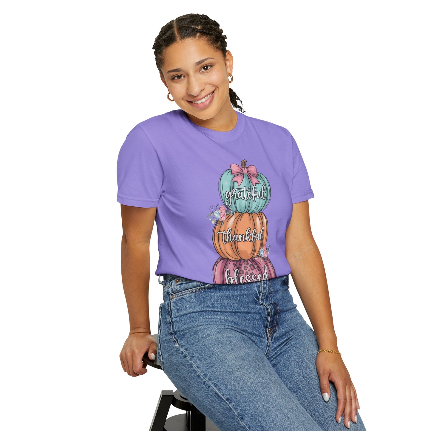 T-Shirt Grateful, Thankful, Blessed Stacked Pumpkins Unisex Garment-Dyed, Comfort Colors