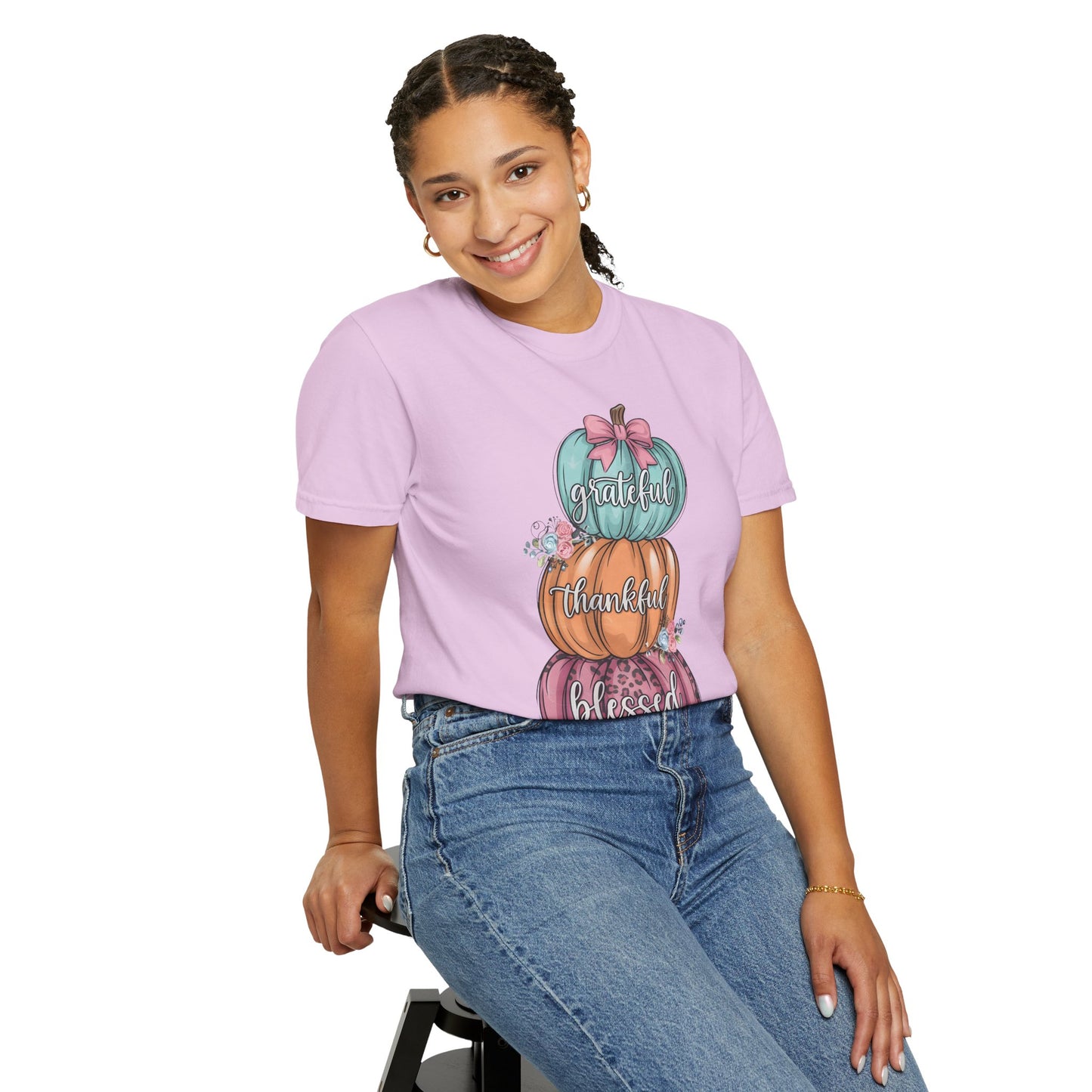 T-Shirt Grateful, Thankful, Blessed Stacked Pumpkins Unisex Garment-Dyed, Comfort Colors