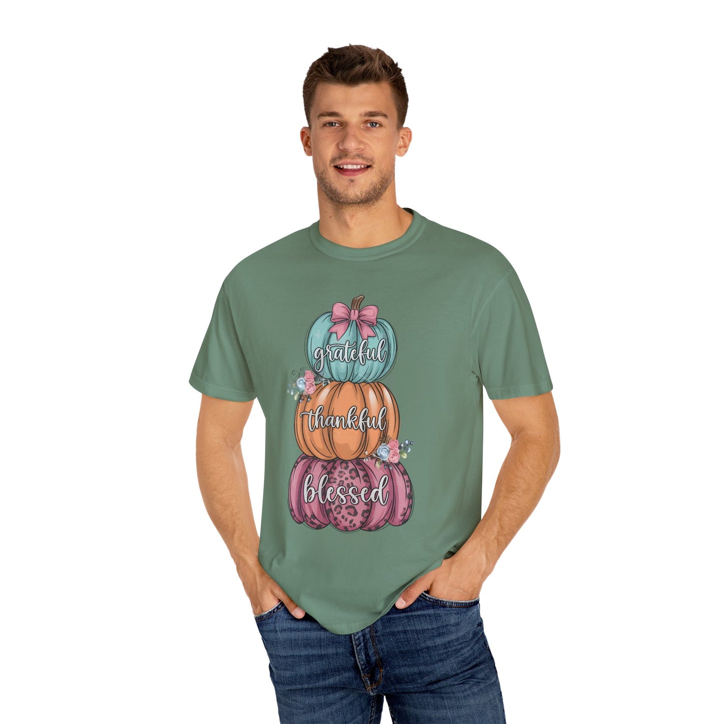 T-Shirt Grateful, Thankful, Blessed Stacked Pumpkins Unisex Garment-Dyed, Comfort Colors