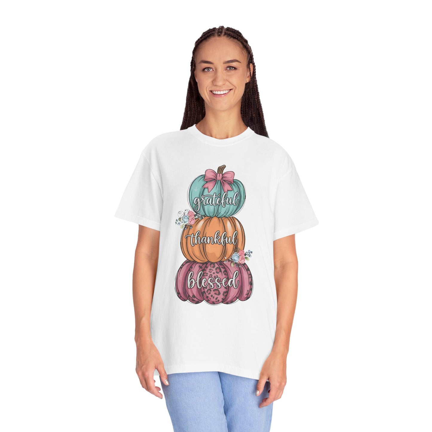 T-Shirt Grateful, Thankful, Blessed Stacked Pumpkins Unisex Garment-Dyed, Comfort Colors