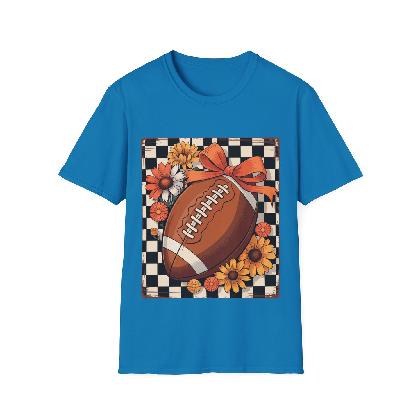 Football Autumn Unisex T-Shirt with Checkered Background and Fall Flowers