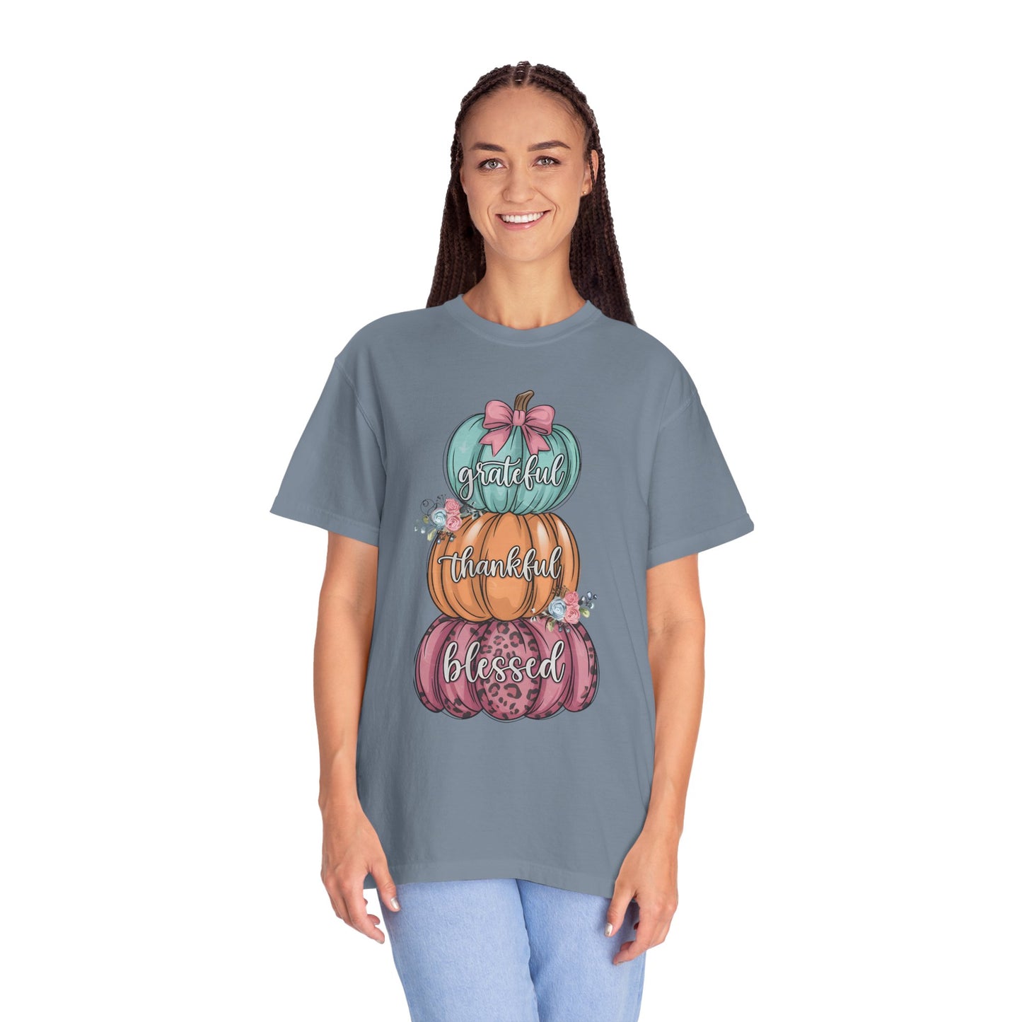 T-Shirt Grateful, Thankful, Blessed Stacked Pumpkins Unisex Garment-Dyed, Comfort Colors