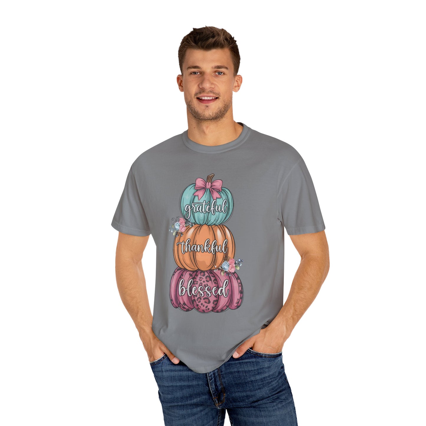 T-Shirt Grateful, Thankful, Blessed Stacked Pumpkins Unisex Garment-Dyed, Comfort Colors