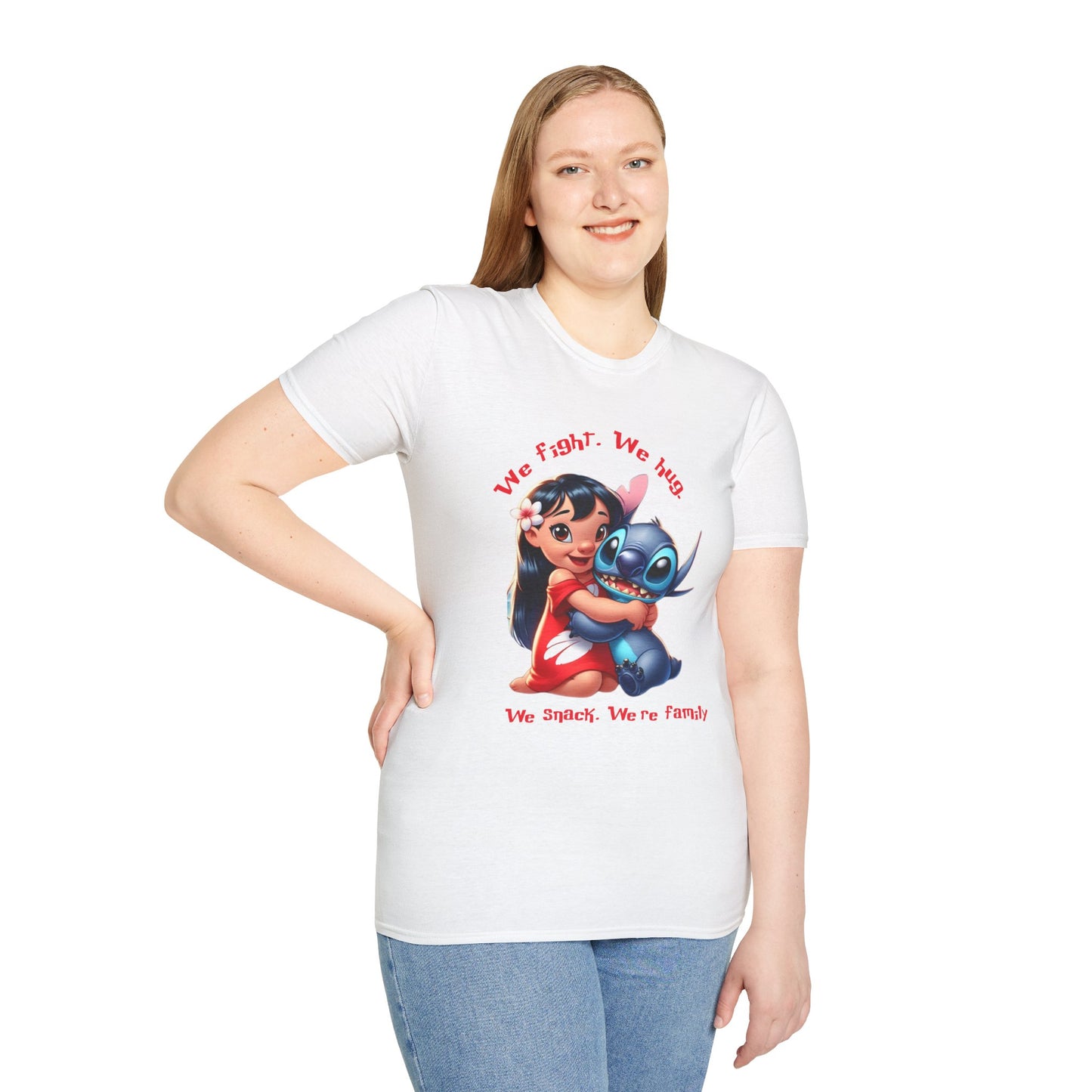 Unisex Tee - Lilo & Stitch 'We Fight, We Hug, We Snack, We're family'