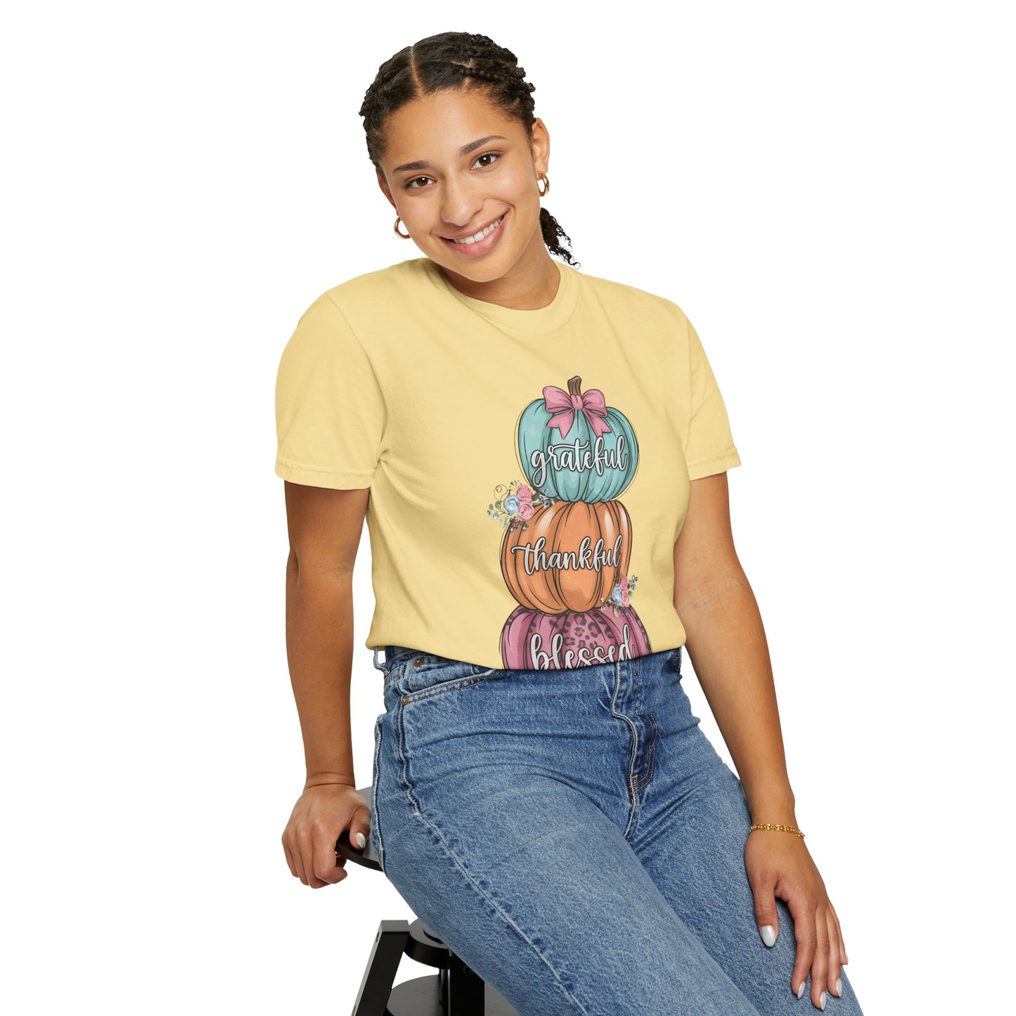 T-Shirt Grateful, Thankful, Blessed Stacked Pumpkins Unisex Garment-Dyed, Comfort Colors