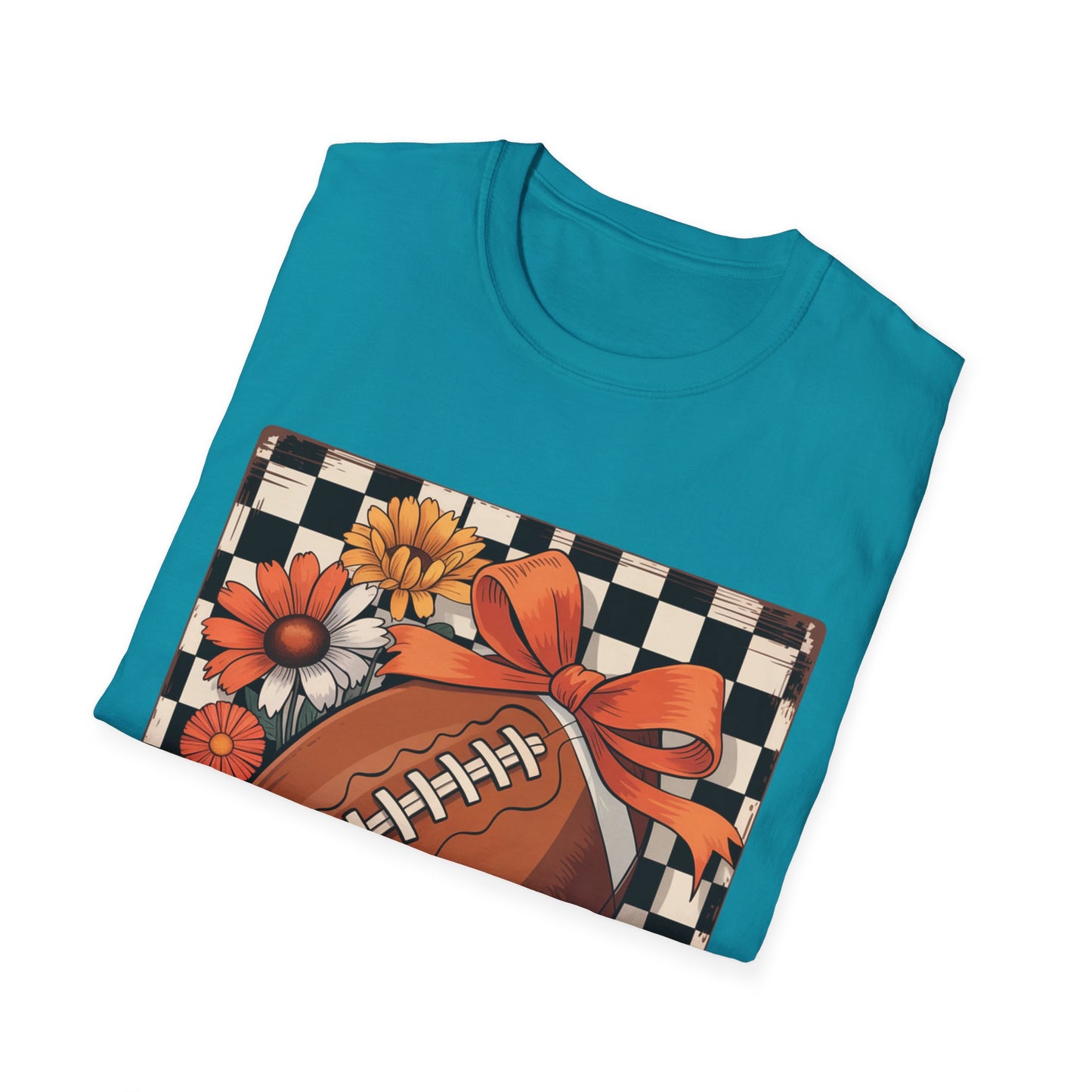 Football Autumn Unisex T-Shirt with Checkered Background and Fall Flowers