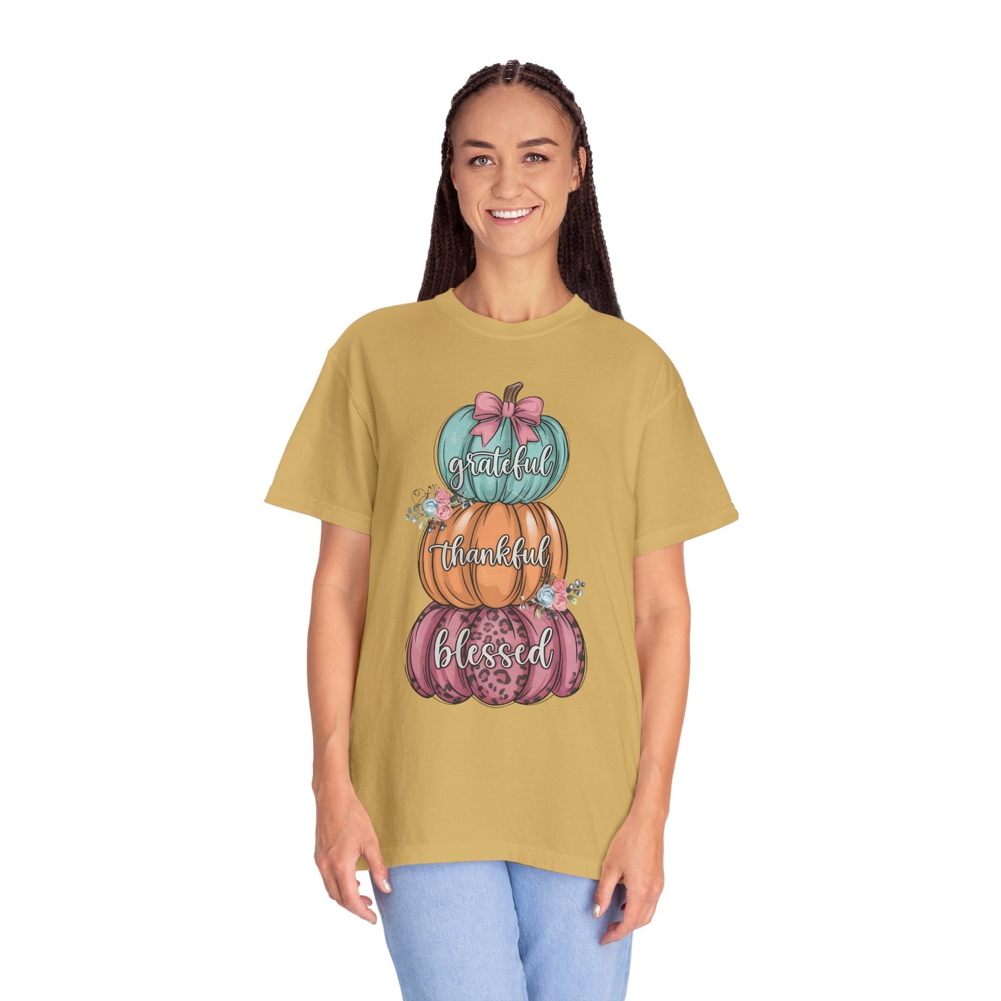 T-Shirt Grateful, Thankful, Blessed Stacked Pumpkins Unisex Garment-Dyed, Comfort Colors