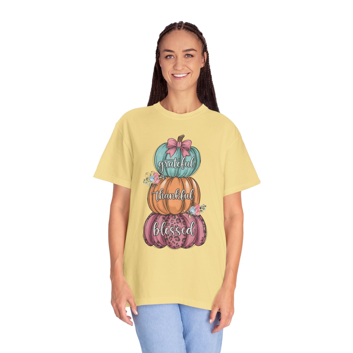 T-Shirt Grateful, Thankful, Blessed Stacked Pumpkins Unisex Garment-Dyed, Comfort Colors
