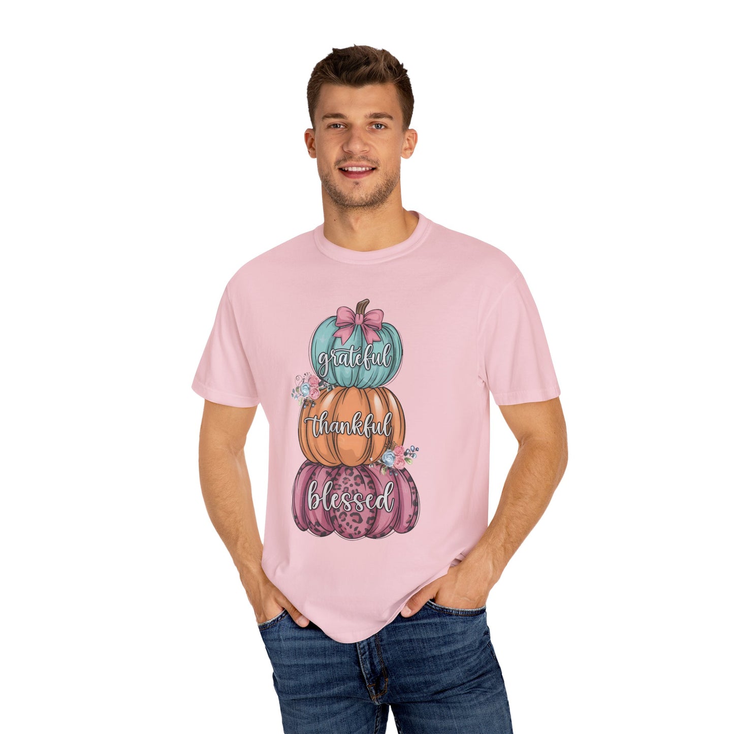 T-Shirt Grateful, Thankful, Blessed Stacked Pumpkins Unisex Garment-Dyed, Comfort Colors