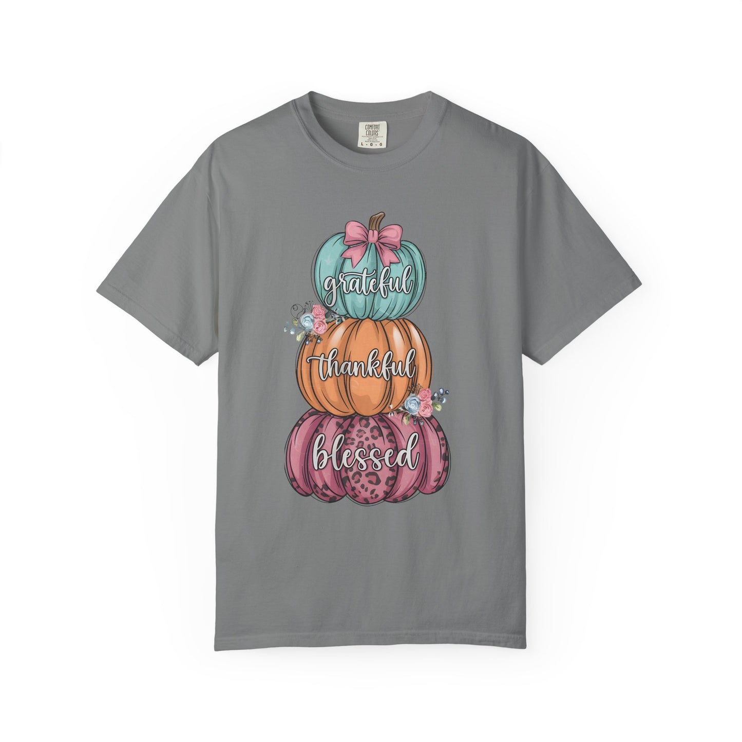 T-Shirt Grateful, Thankful, Blessed Stacked Pumpkins Unisex Garment-Dyed, Comfort Colors