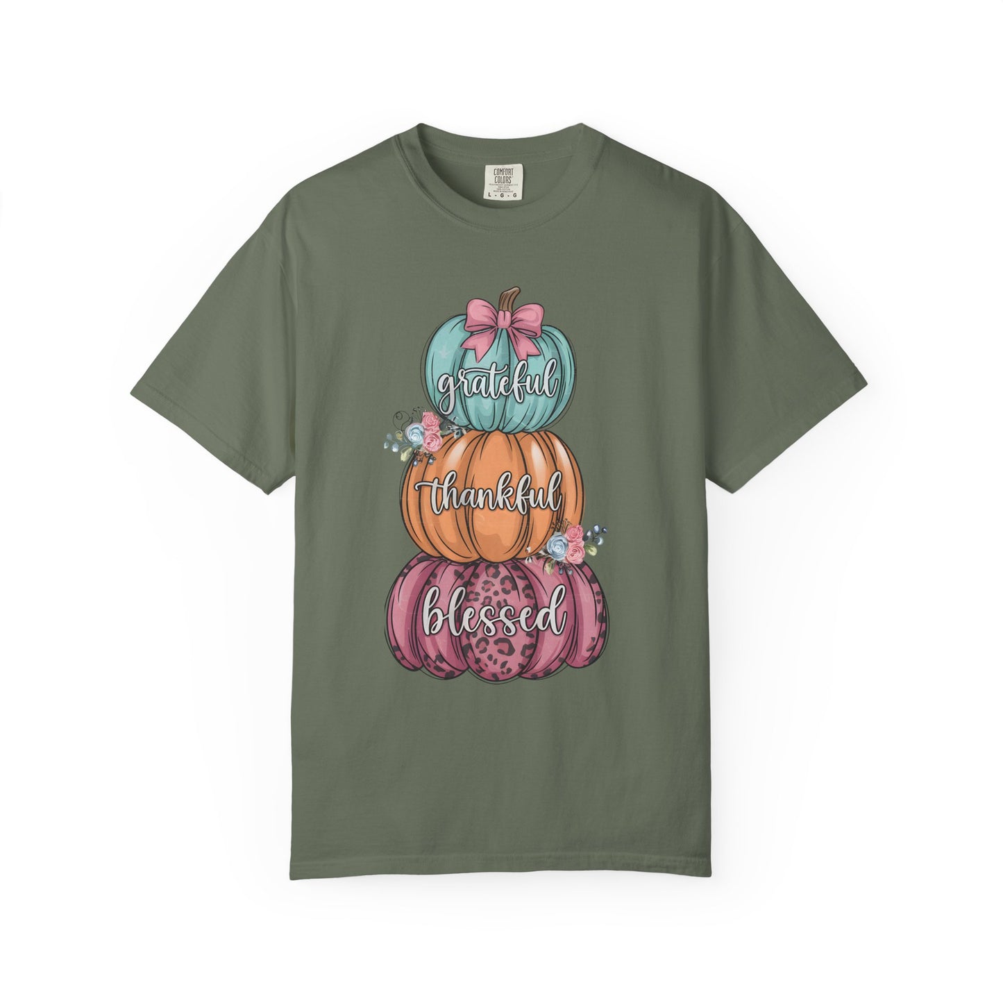 T-Shirt Grateful, Thankful, Blessed Stacked Pumpkins Unisex Garment-Dyed, Comfort Colors