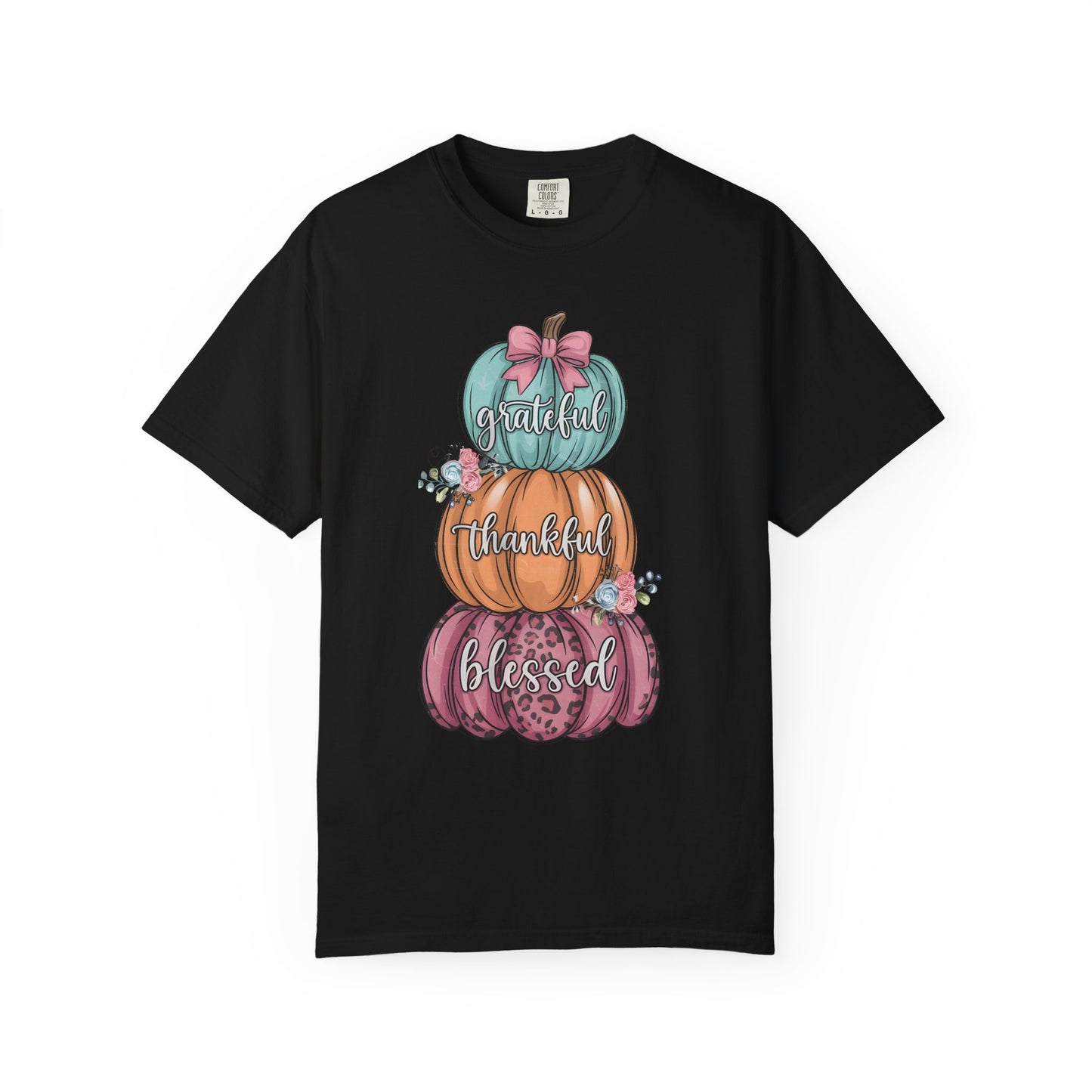 T-Shirt Grateful, Thankful, Blessed Stacked Pumpkins Unisex Garment-Dyed, Comfort Colors