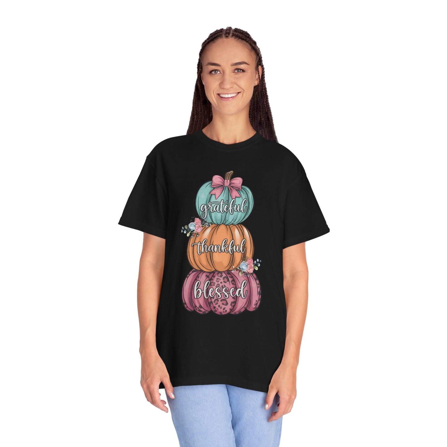 T-Shirt Grateful, Thankful, Blessed Stacked Pumpkins Unisex Garment-Dyed, Comfort Colors