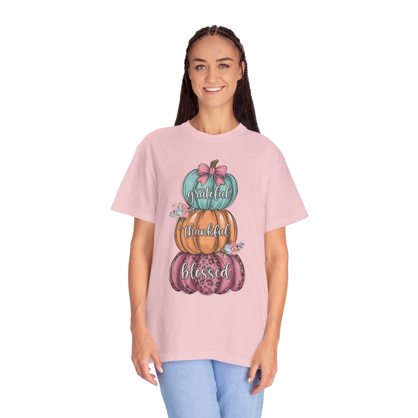T-Shirt Grateful, Thankful, Blessed Stacked Pumpkins Unisex Garment-Dyed, Comfort Colors